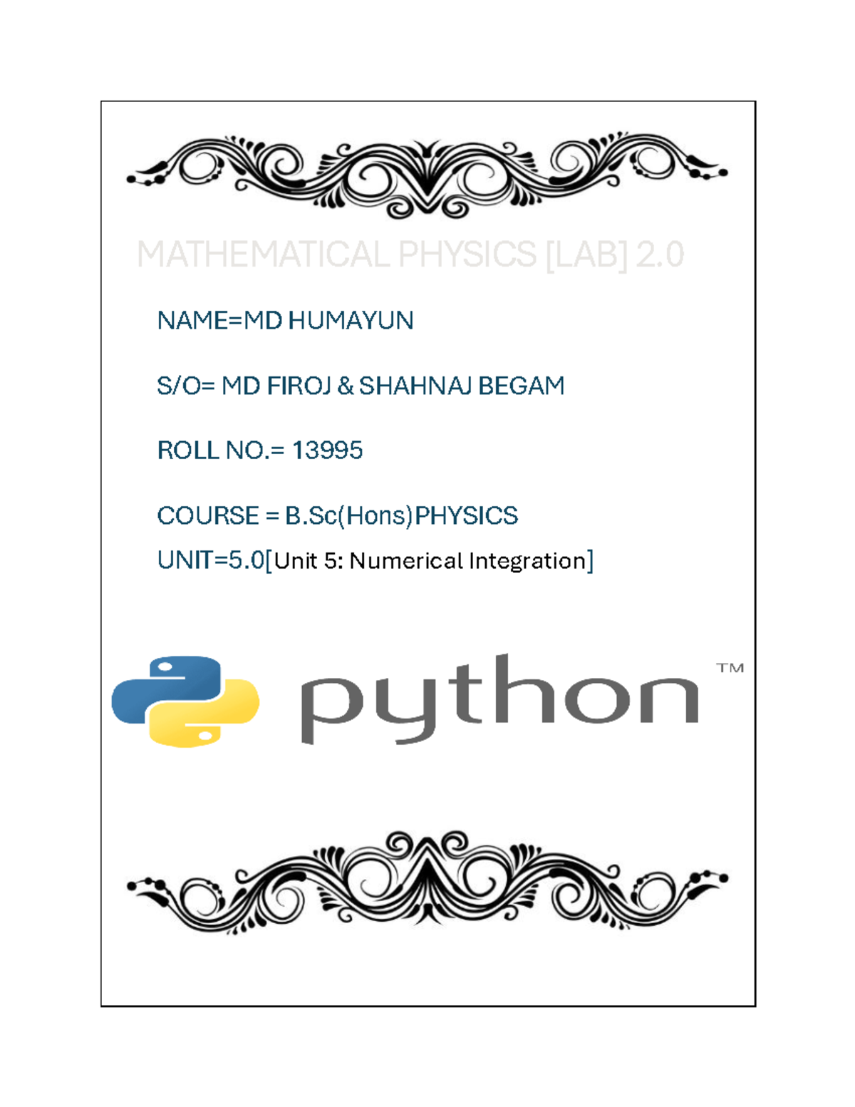 Mathematical Physics Lab 2 Mathematical Physics Lab 2 Name Md