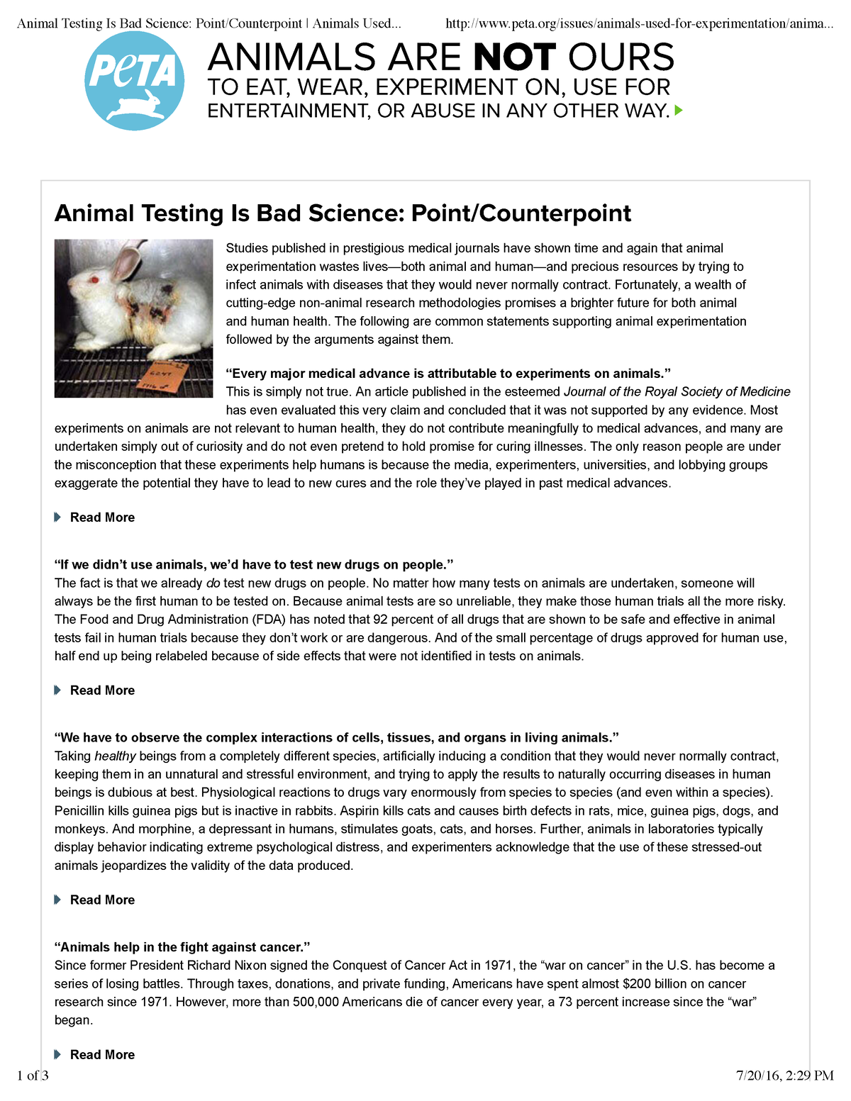 PETA - Animal Testing Is Bad Science - Point-Counterpoint - Animal Testing  Is Bad Science: - Studocu