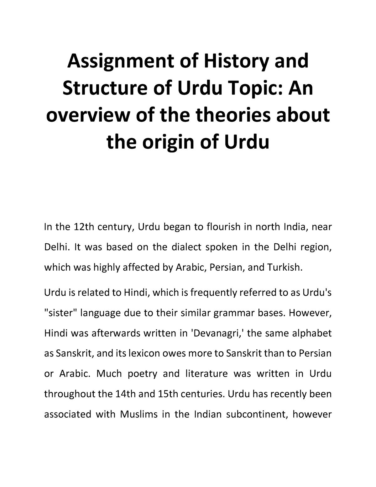 Theories on the Origin Of Urdu - Linguistics - AMU - Studocu