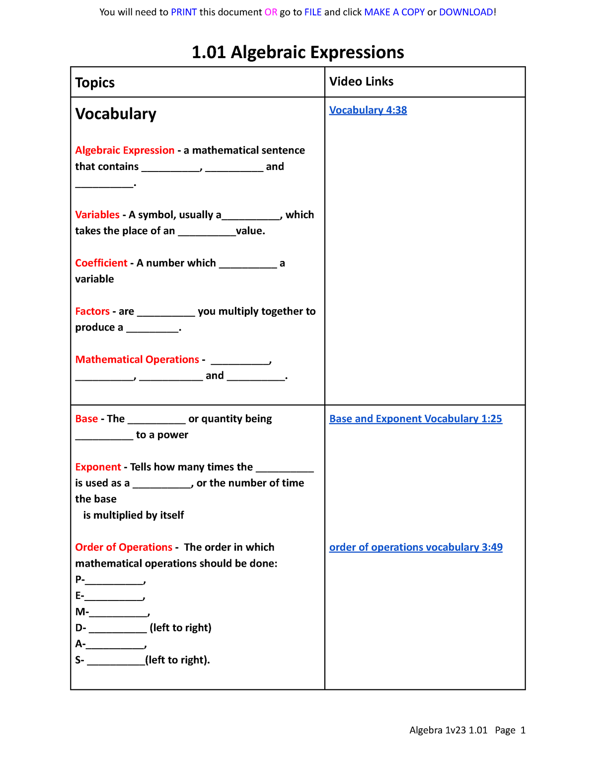 algebra 1 assignment evaluate each using the values given