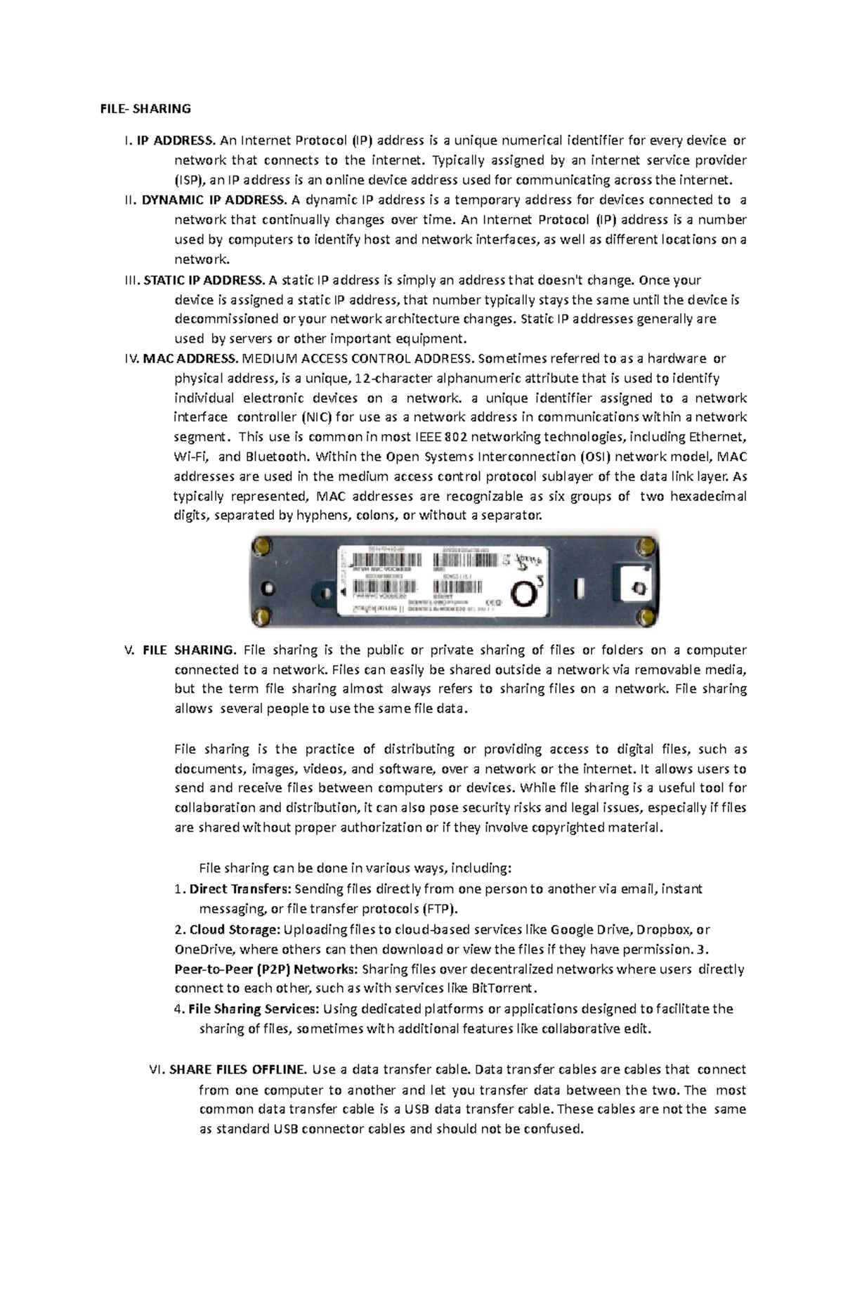Filesharing - Notes about File Sharing - FILE- SHARING I. IP ADDRESS ...