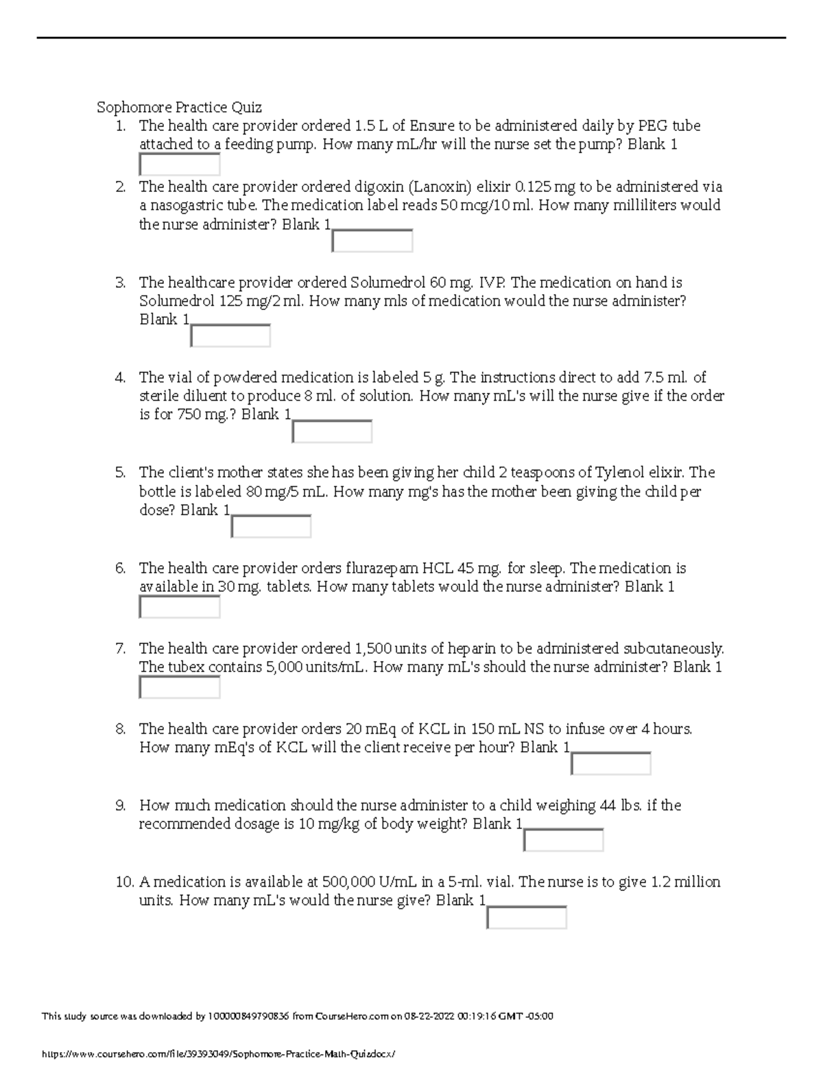 Sophomore Practice Math Quiz - Sophomore Practice Quiz 1. The health ...