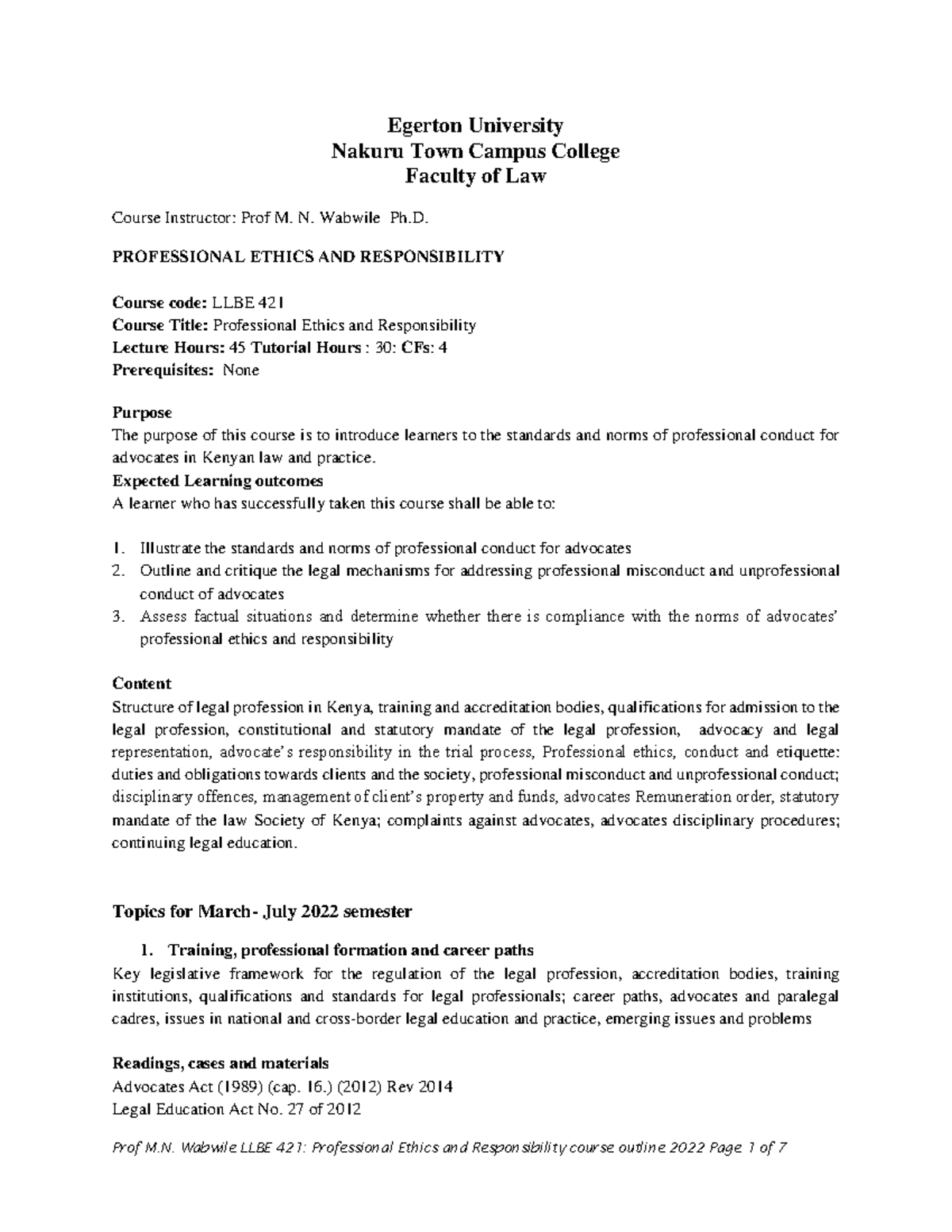 LLBE 421 Course Outline March To July 2022 COPY Egerton University 