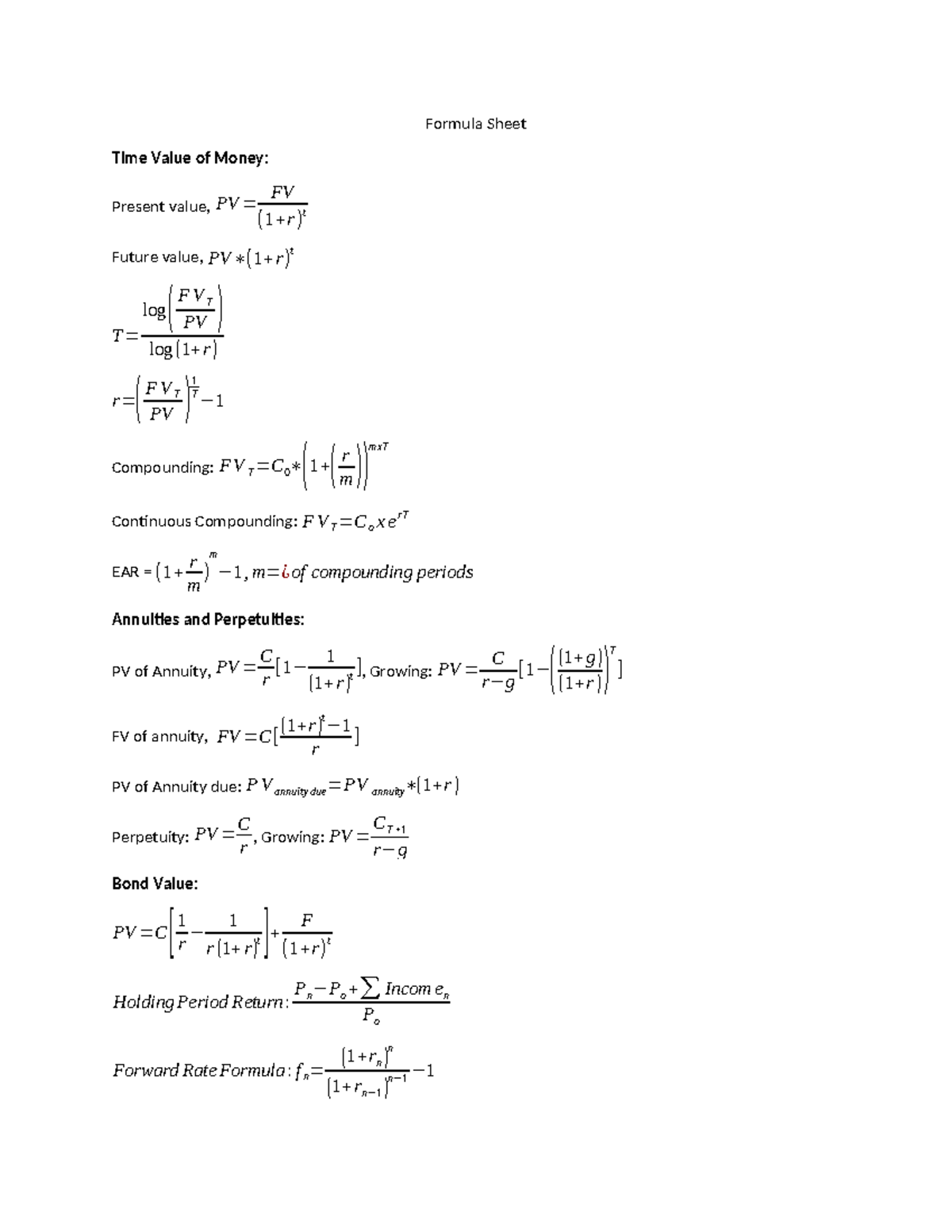 Formula Sheet For Business 3550 (previously BUSI 4500) is a lit of ...