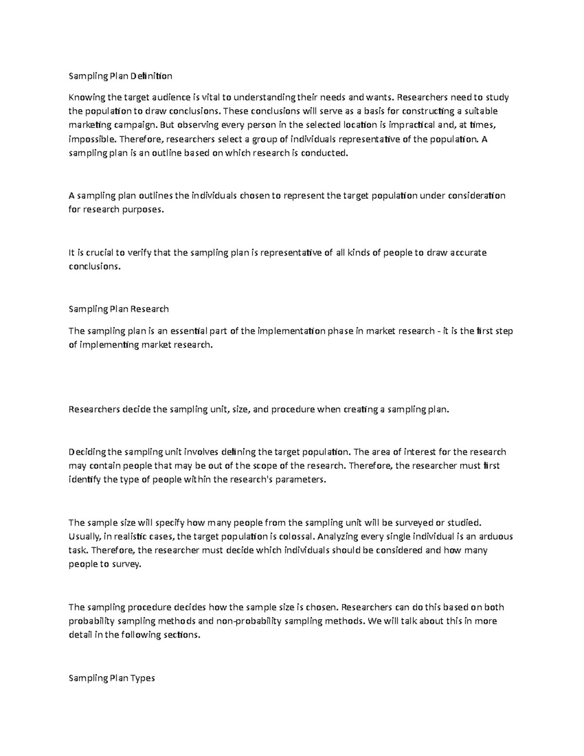 Sampling PLAN Sampling Plan Definition Knowing the target audience is vital to understanding