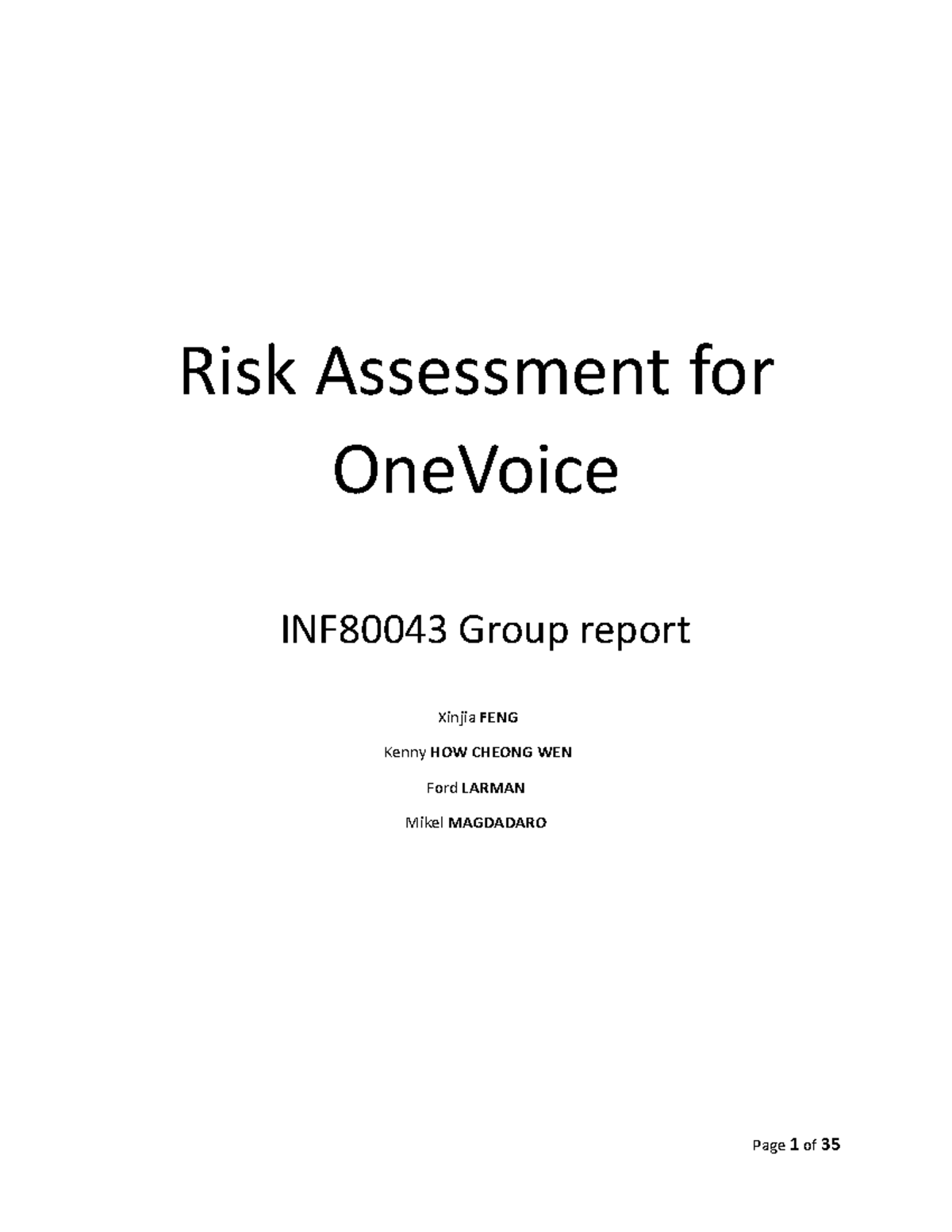 Risk Management Group Report Rough new one - Risk Assessment for ...