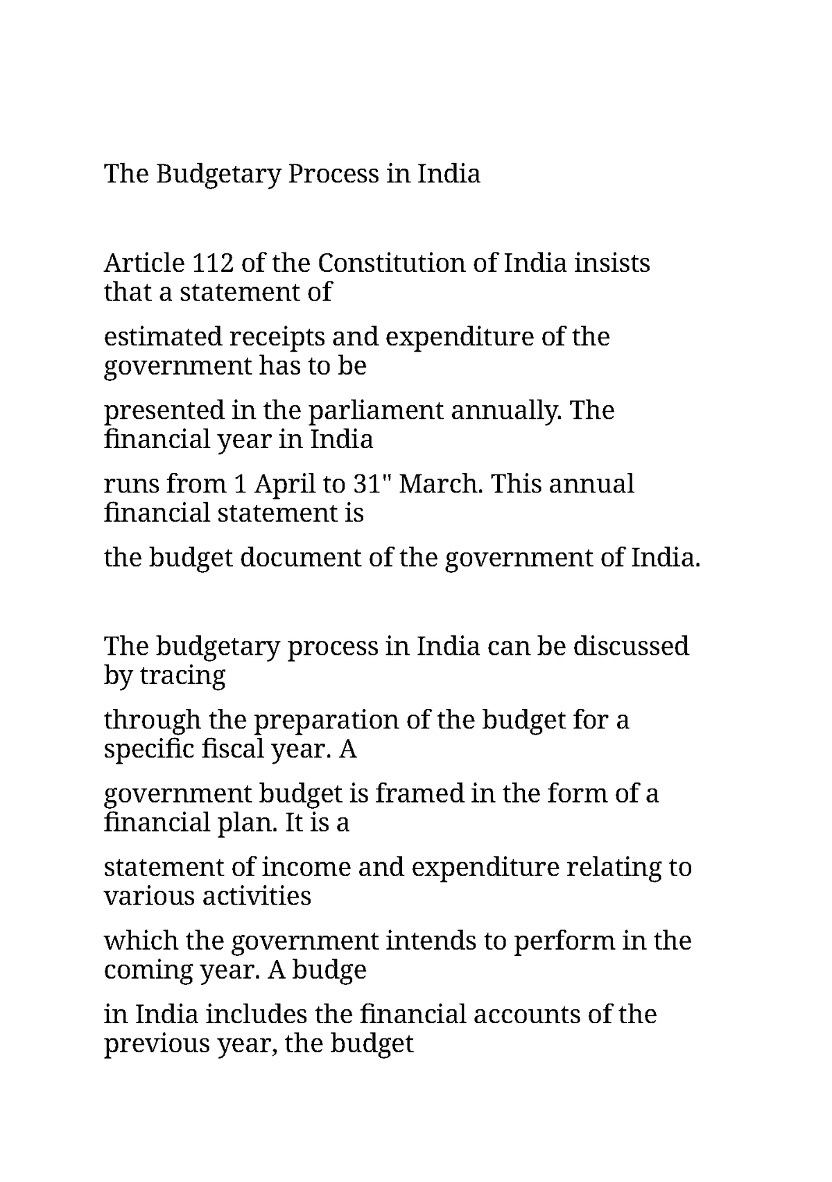 budgetary process in india essay