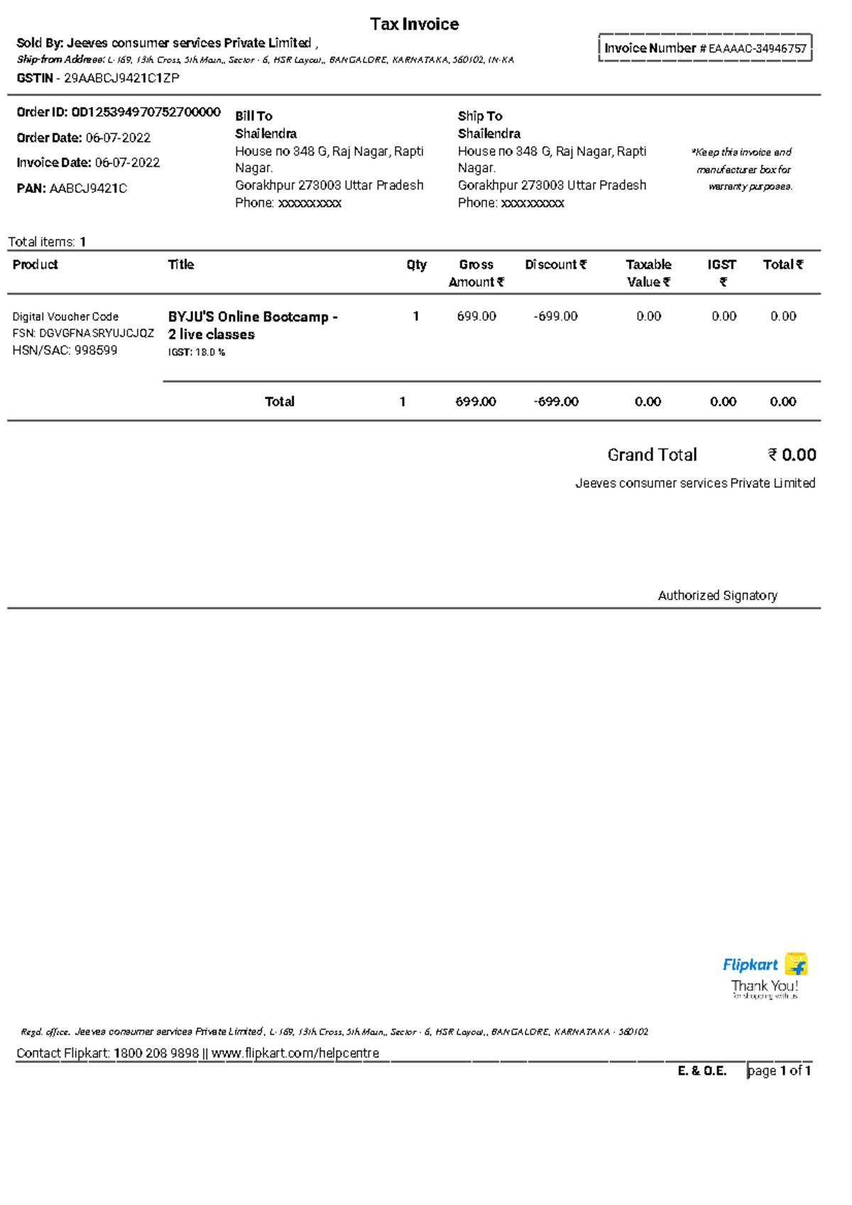 OD125394970752700000 - *Keep this invoice and manufacturer box for ...