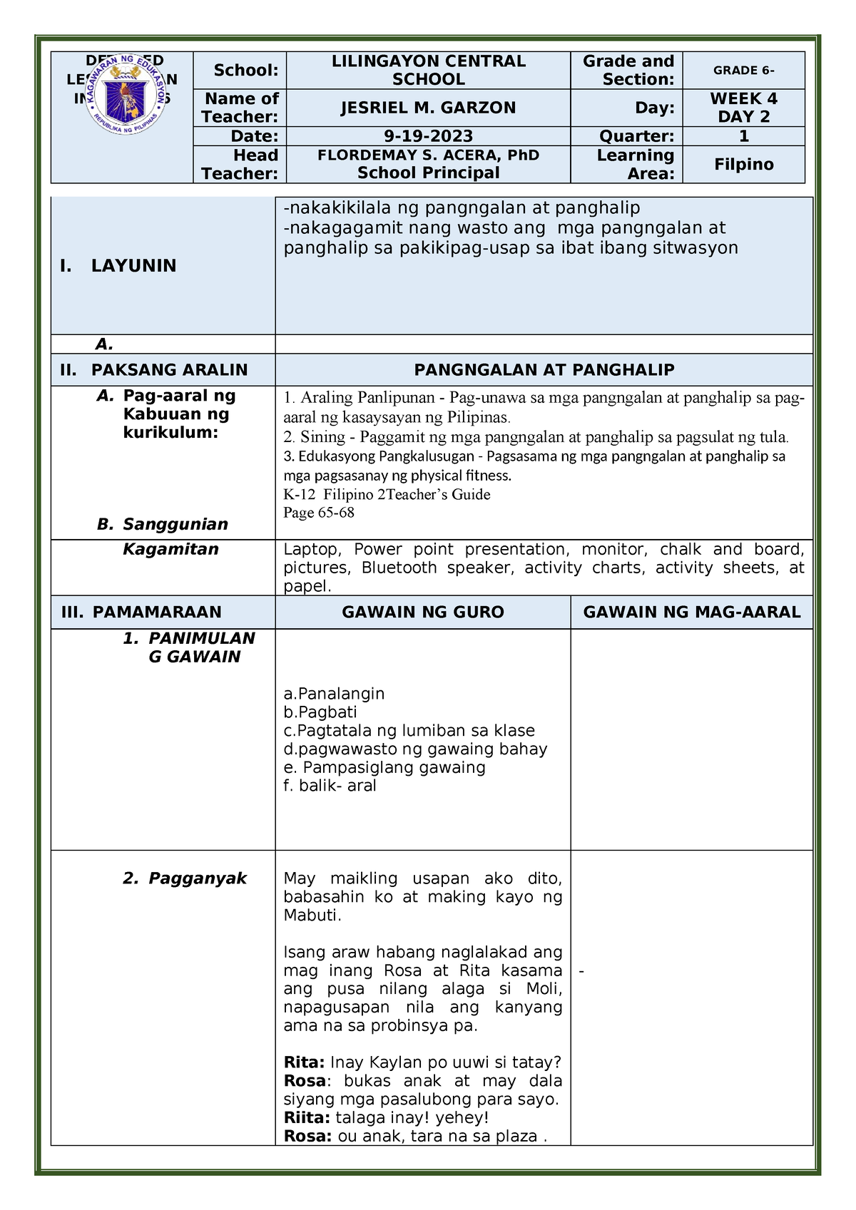 Copy of Q1. Filipino 6 DLP - DETAILED LESSON PLAN IN Filipino 6 School ...