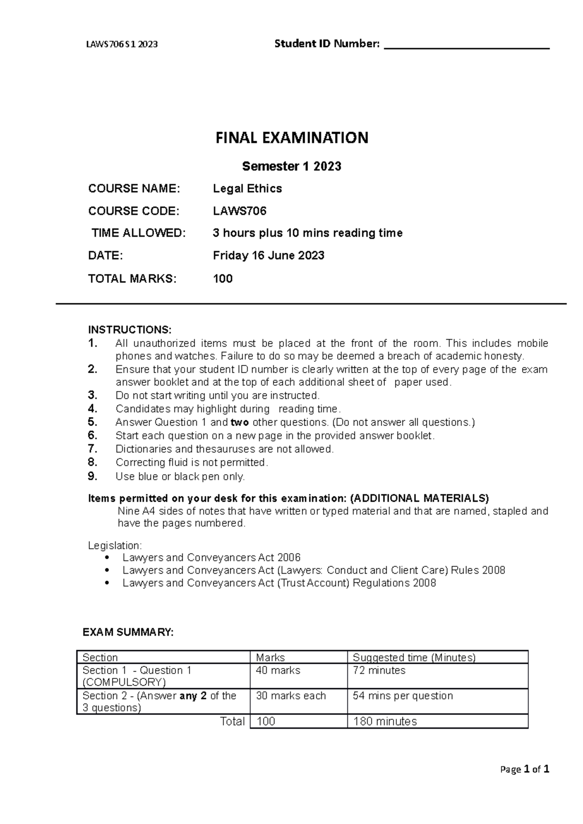 Legal Ethics front page exam LAWS706 S1 2023 Student ID Number FINAL