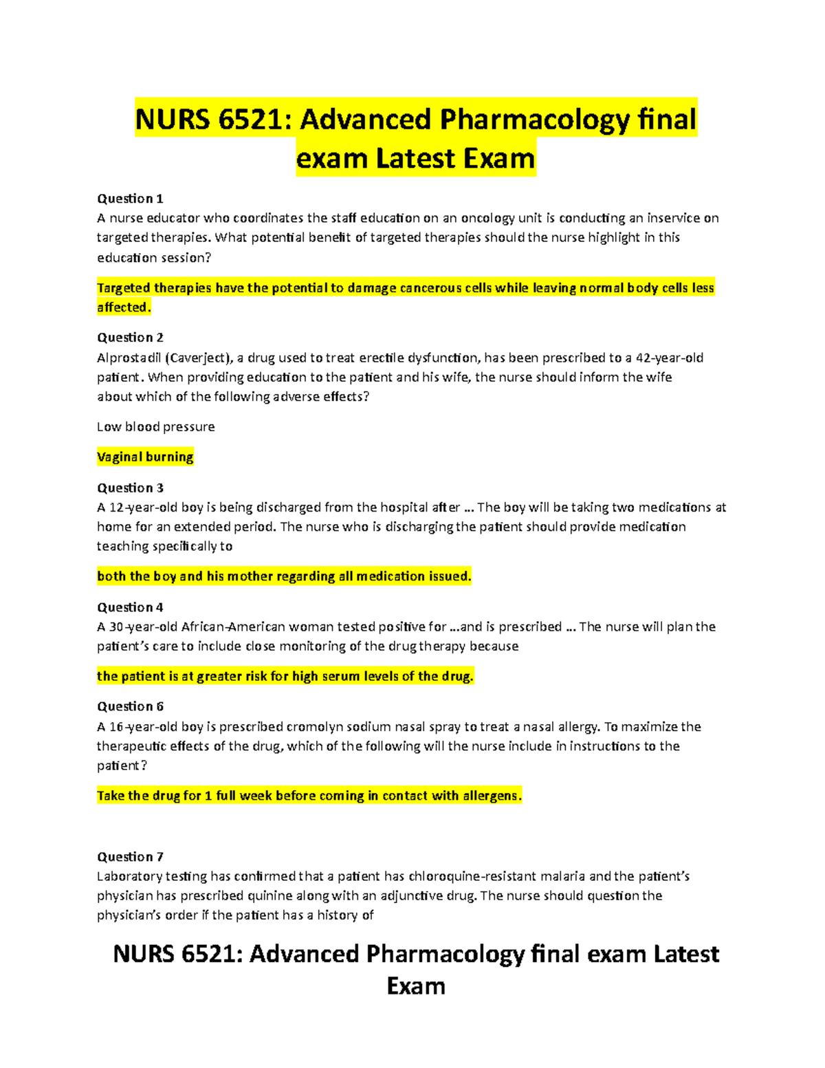 NURS 6521 Final EXAM 2020 - NURS 6521: Advanced Pharmacology final exam ...