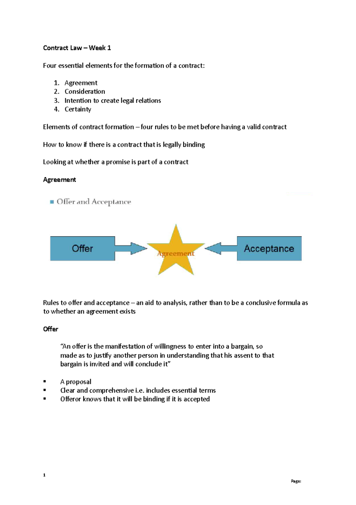Contract Law - Week 1 Notes - Contract Law Week 1 Four essential ...