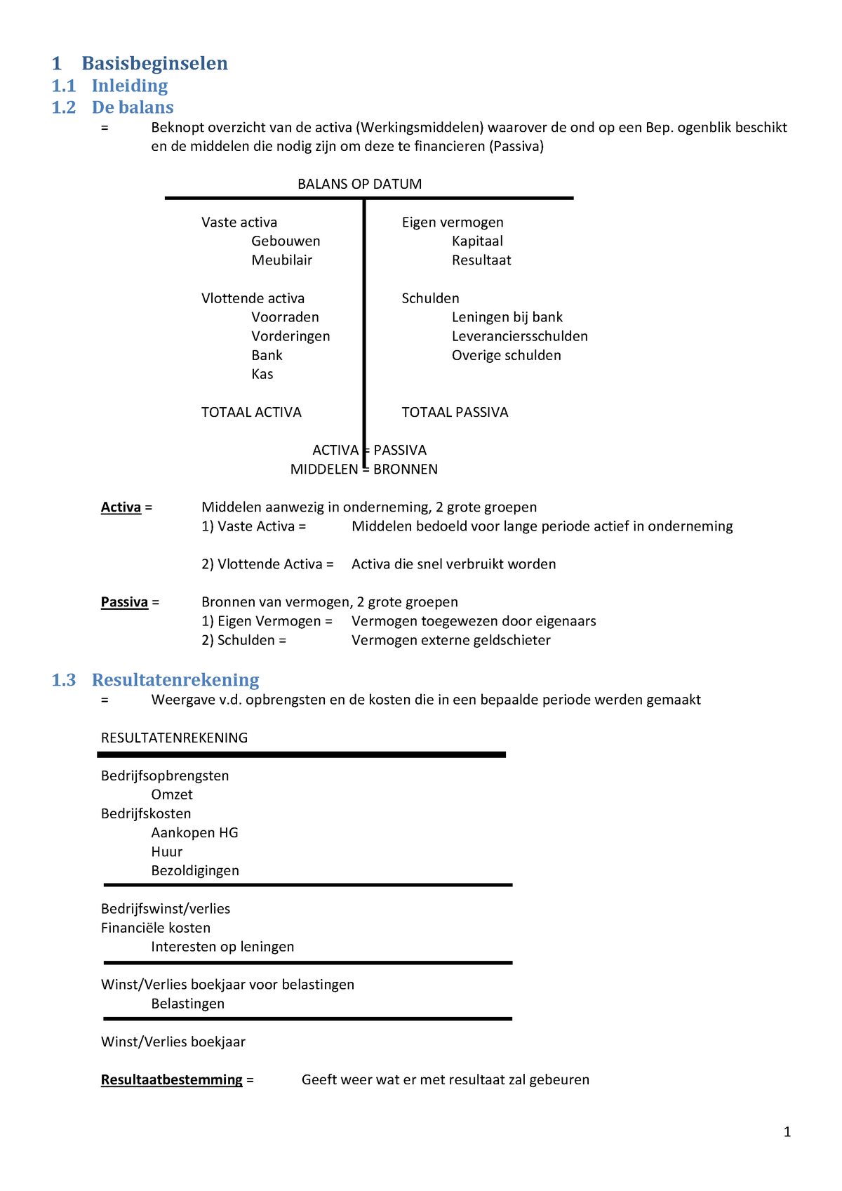 Samenvatting Boekhouden 1e Jaar - 1 Basisbeginselen 1 Inleiding 1 De ...