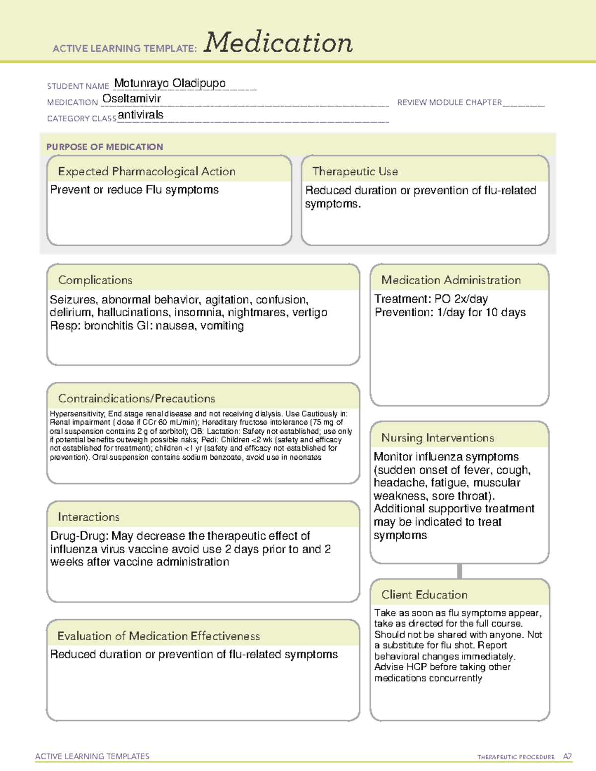 Oseltamivir - nursing fundamental skills template and worksheet ...