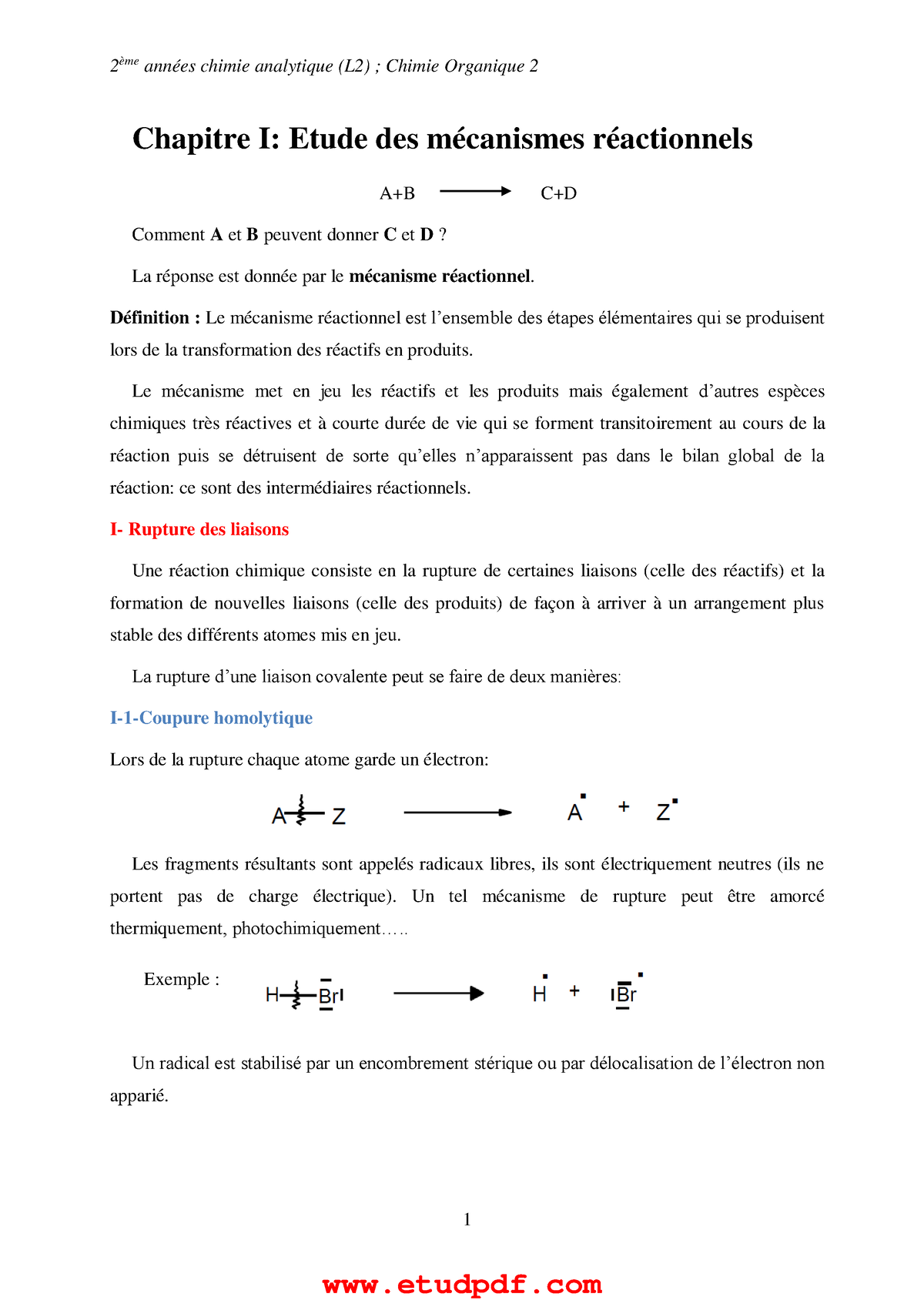 Chimie Organique 2 - Cours - 1 Chapitre I: Etude Des Mécanismes ...