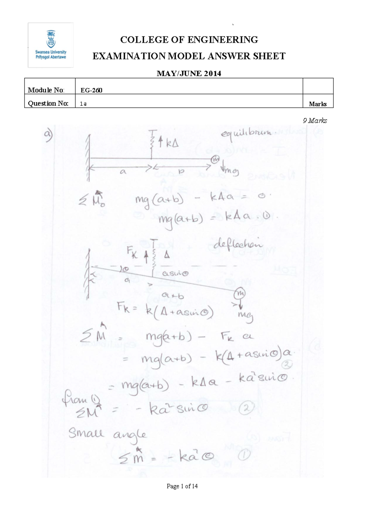 Exam 2014, answers - 9 Marks COLLEGE OF ENGINEERING EXAMINATION MODEL ...