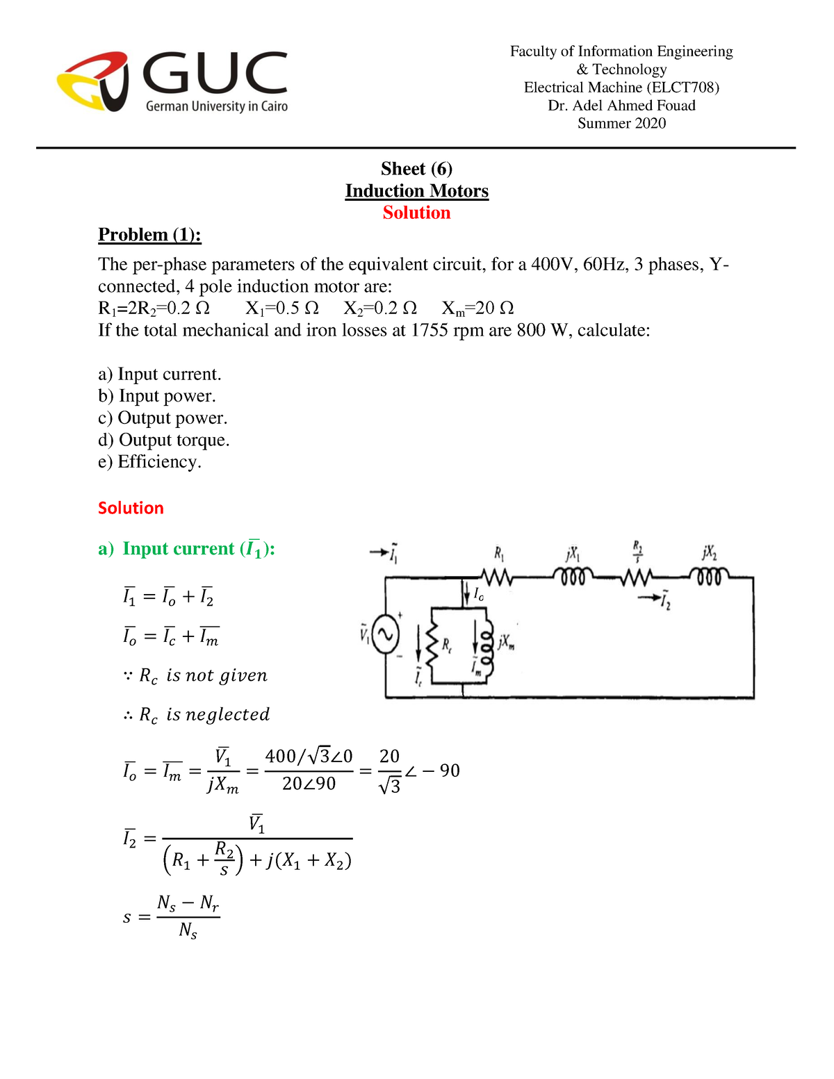 Pdfcoffee - Sheet (6) Induction Motors Solution Problem (1): The Per ...