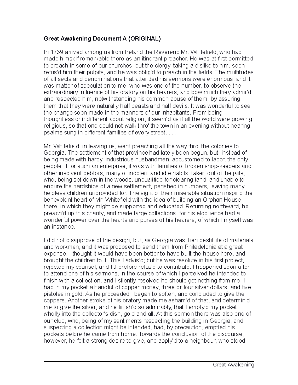 First Great Awakening Documents - Great Awakening Document A (ORIGINAL ...