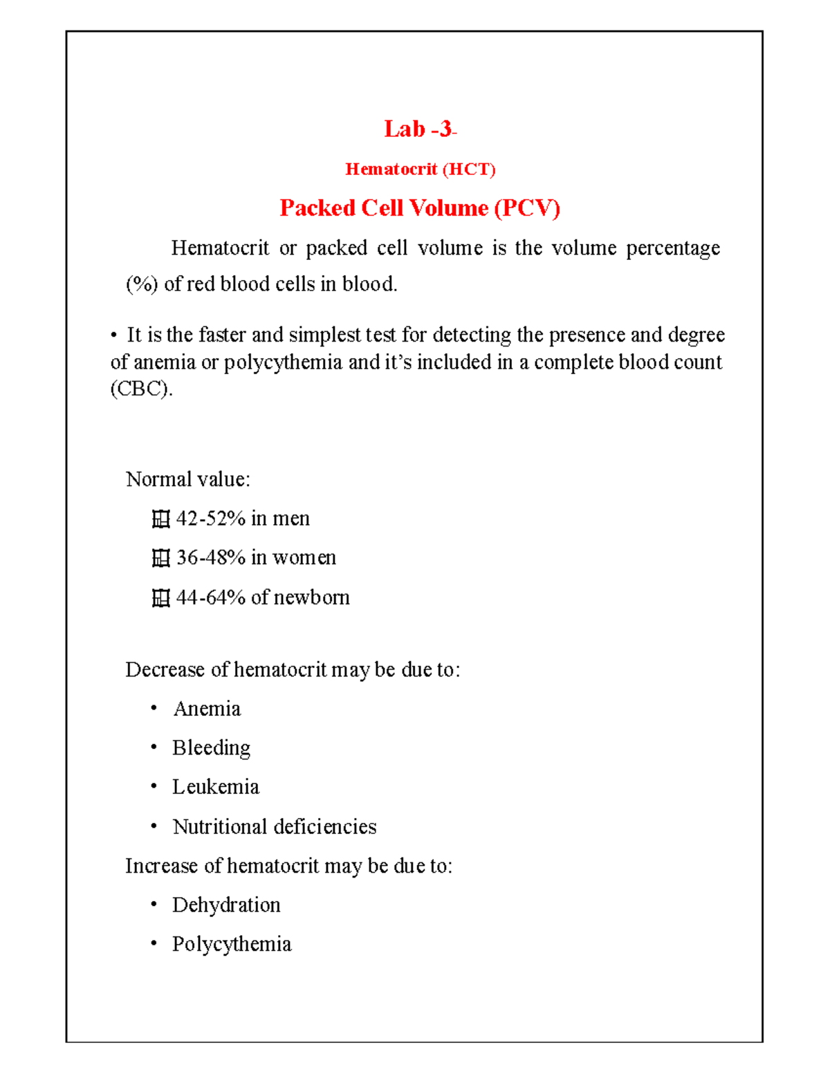 Packed Cell Volume (PCV) Lab 3 Hematocrit (HCT) Packed Cell Volume