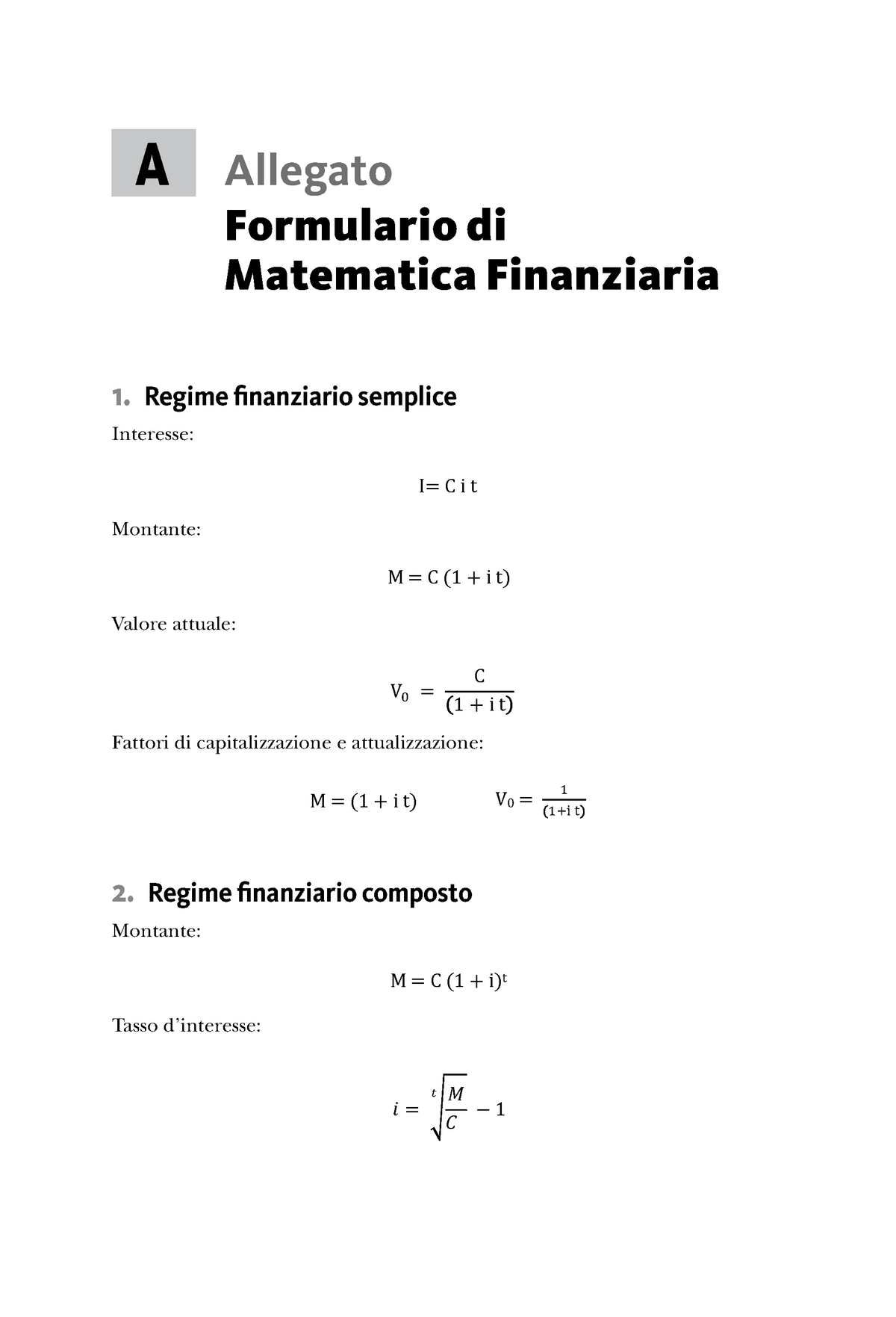 Formulario di matematica finanziaria: Appunti di matematica