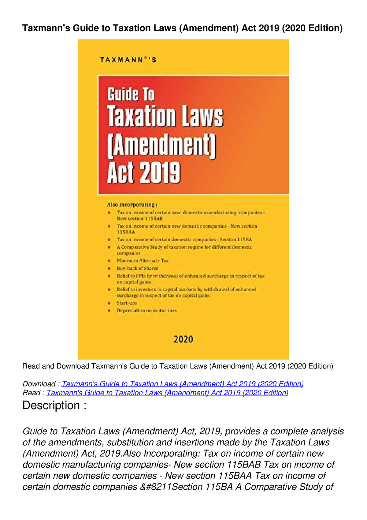 READ [PDF] Taxmann's Guide to Taxation Laws (Amendment) Act 2019 (2020