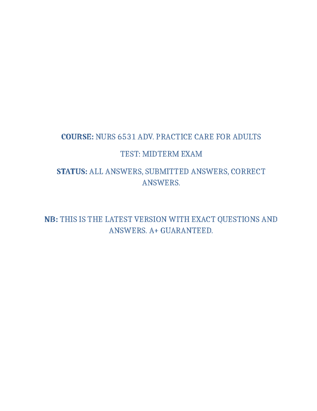 6531 Midterm Exam Revised - COURSE: NURS 6531 ADV. PRACTICE CARE FOR ...