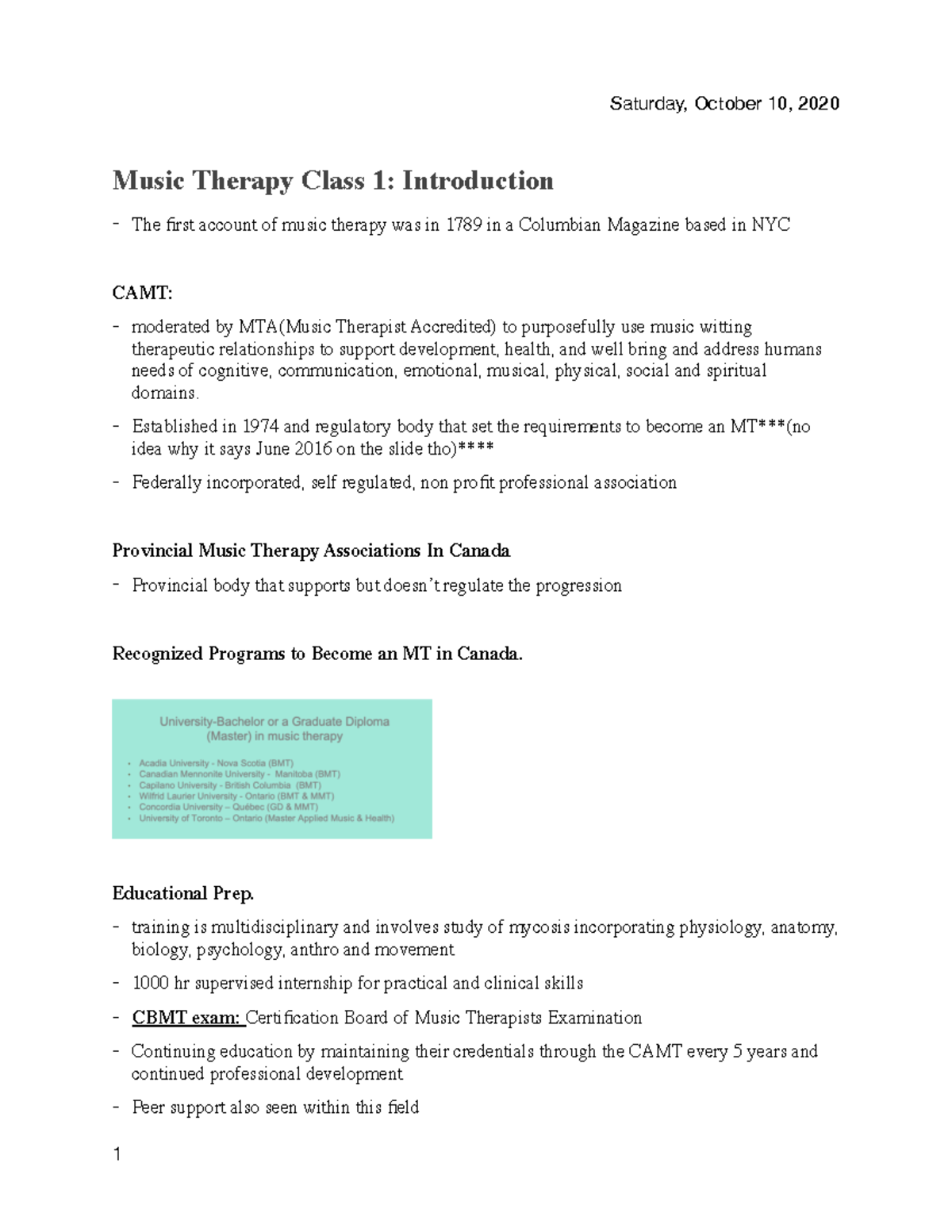 MT3 notes lecture 1-3 - Music Therapy Class 1: Introduction - The first ...