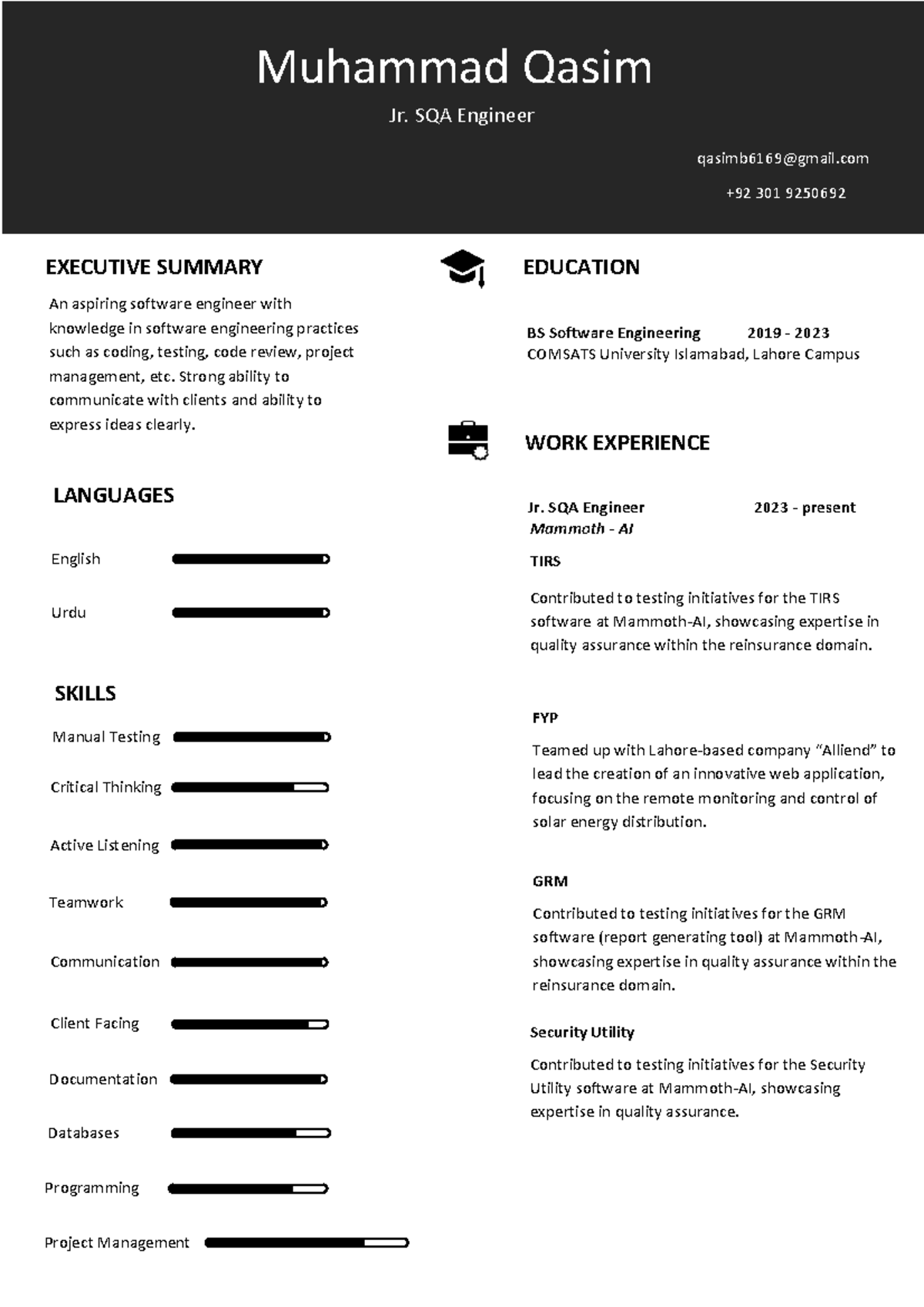 Resume Muhammad Qasim - Need them for project ideas - Muhammad Qasim Jr ...