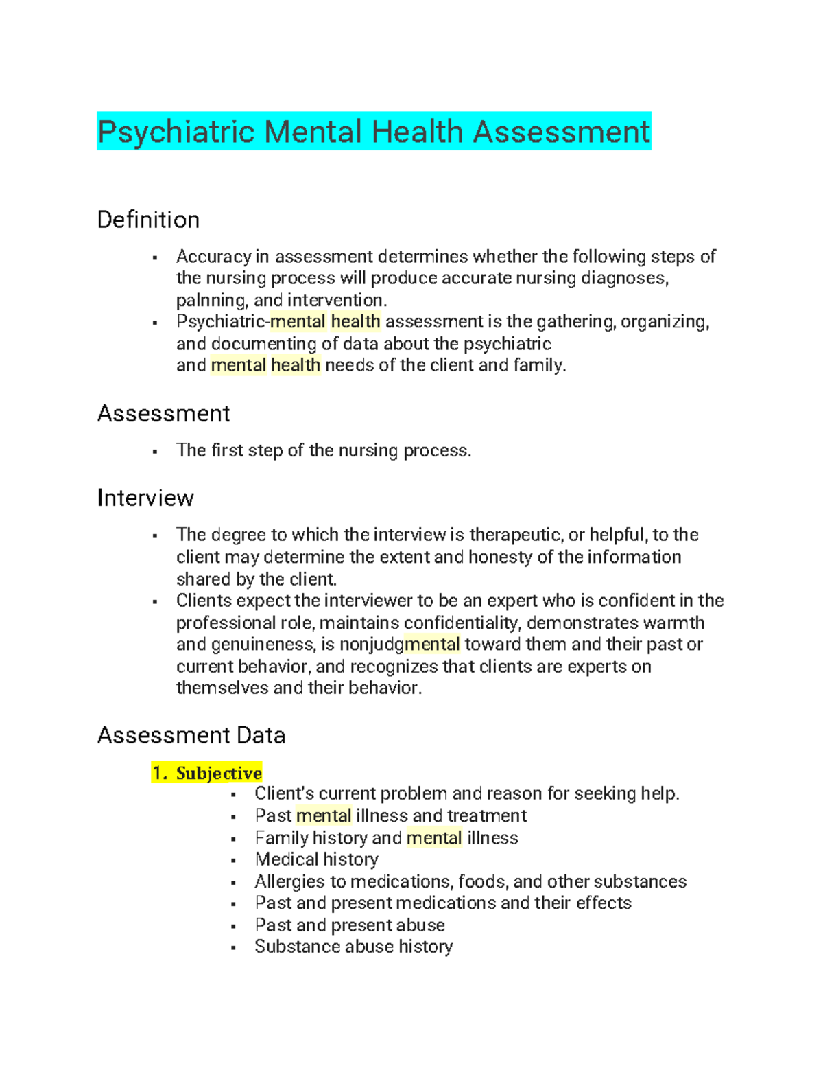 Psychiatric Mental Health Assessment - Psychiatric Mental Health ...