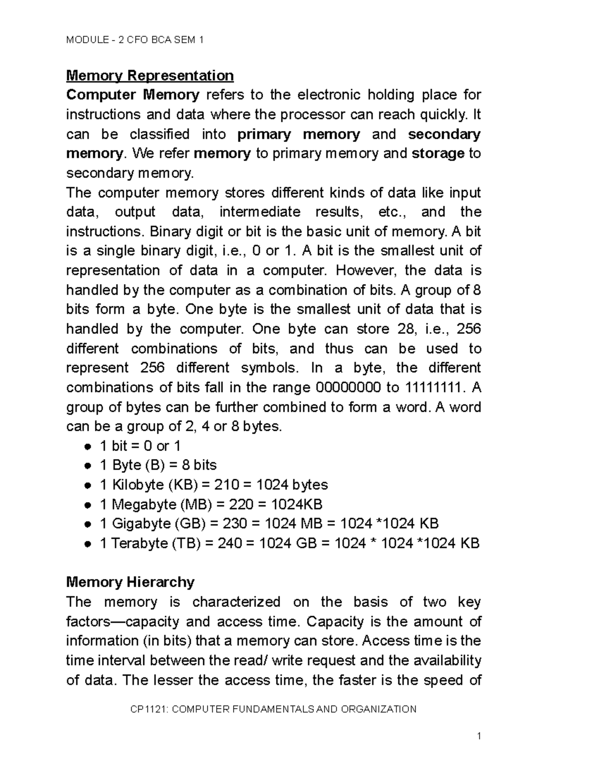 Module 2 CFO SEM1 BCA - Computer fundamentals - Memory Representation ...