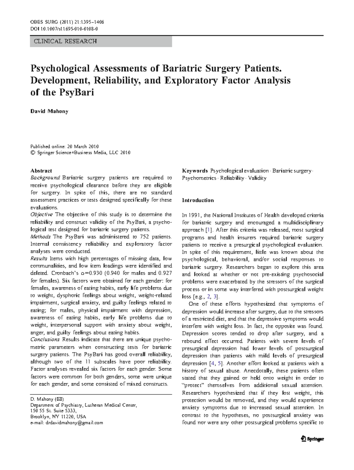 Psychological Assessments of Bariatric Surgery Patients Development ...