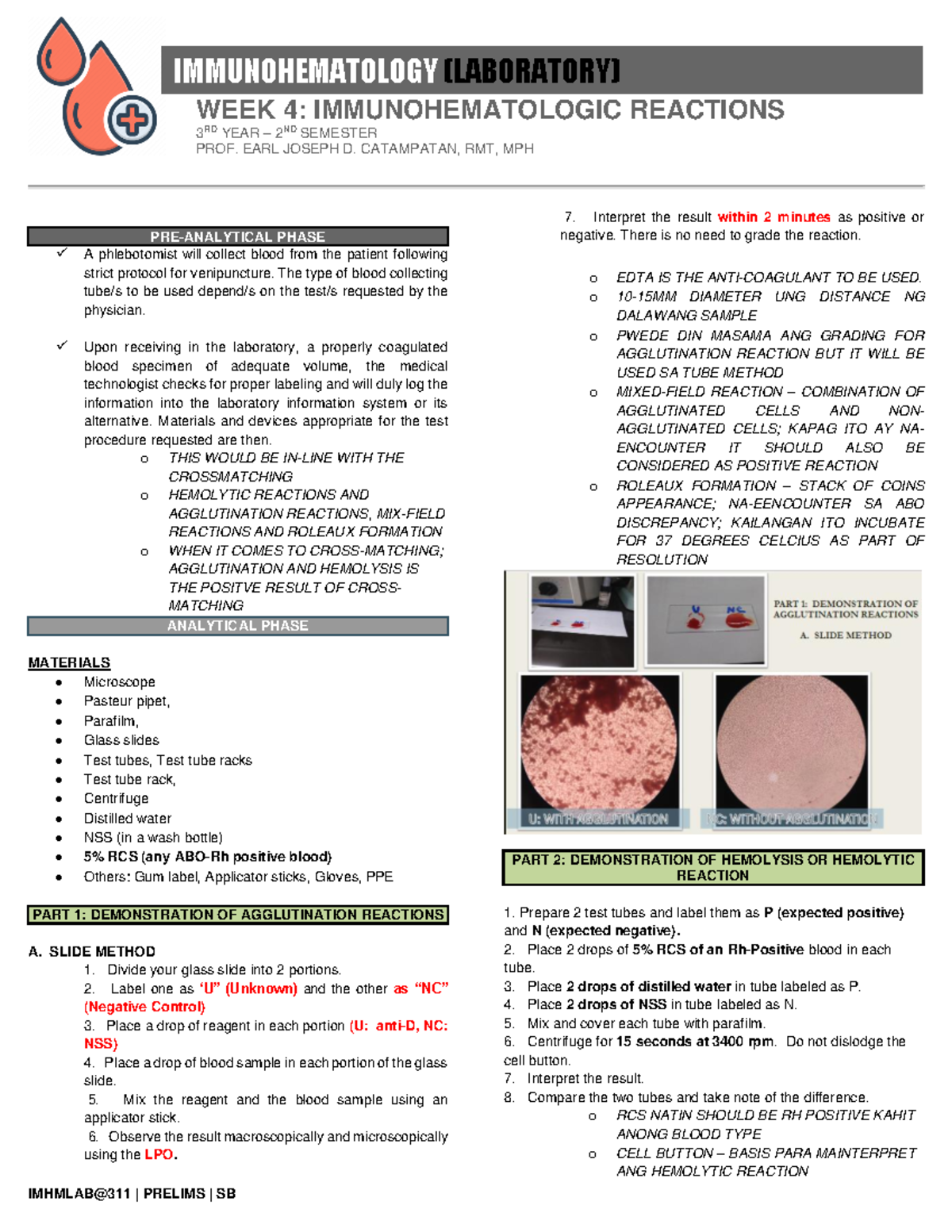 IMHM LAB WEEK 4 Immunologic Reactions - IMMUNOHEMATOLOGY (LABORATORY ...