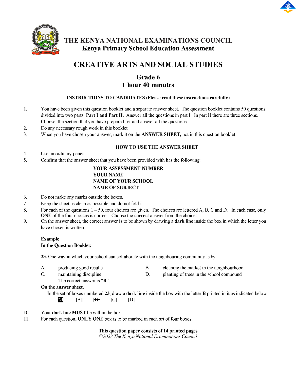 Creative Art And Social Grade 6 Sample The Kenya National Examinations Council Kenya Primary 3062