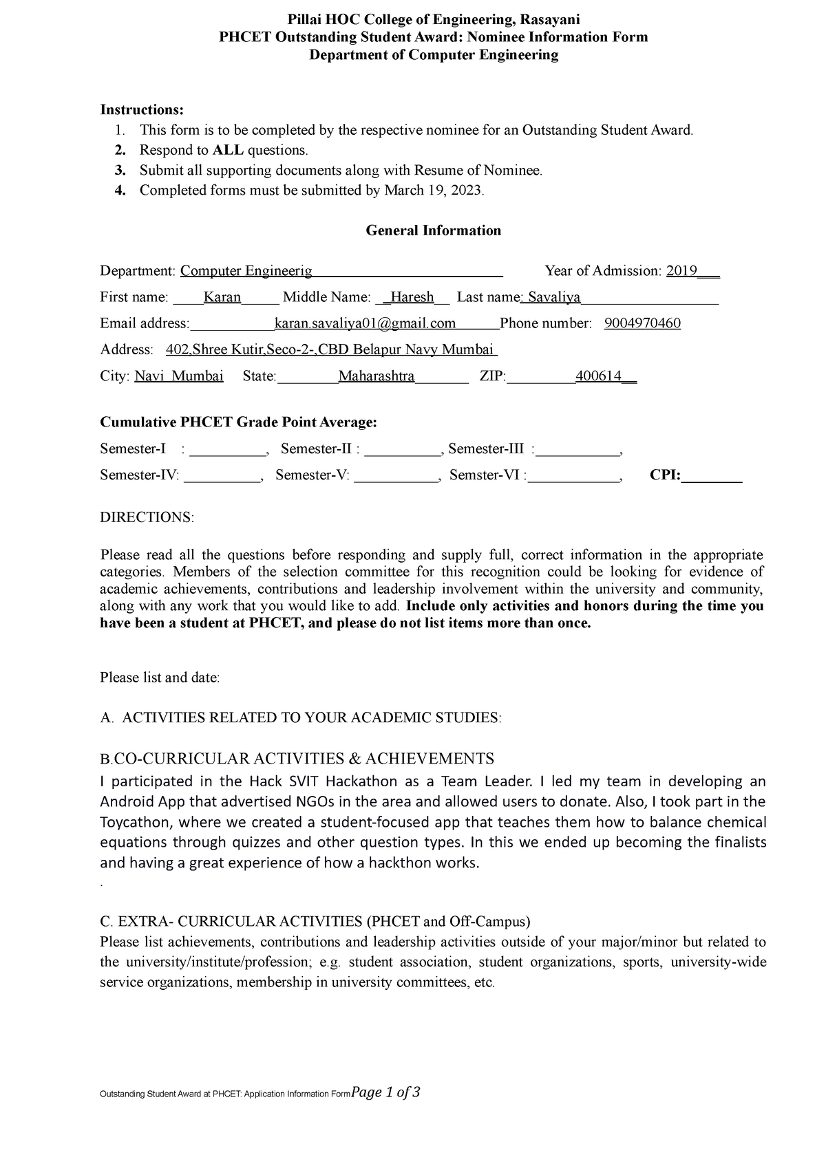 Computer outstanding form 22-23 - Pillai HOC College of Engineering ...