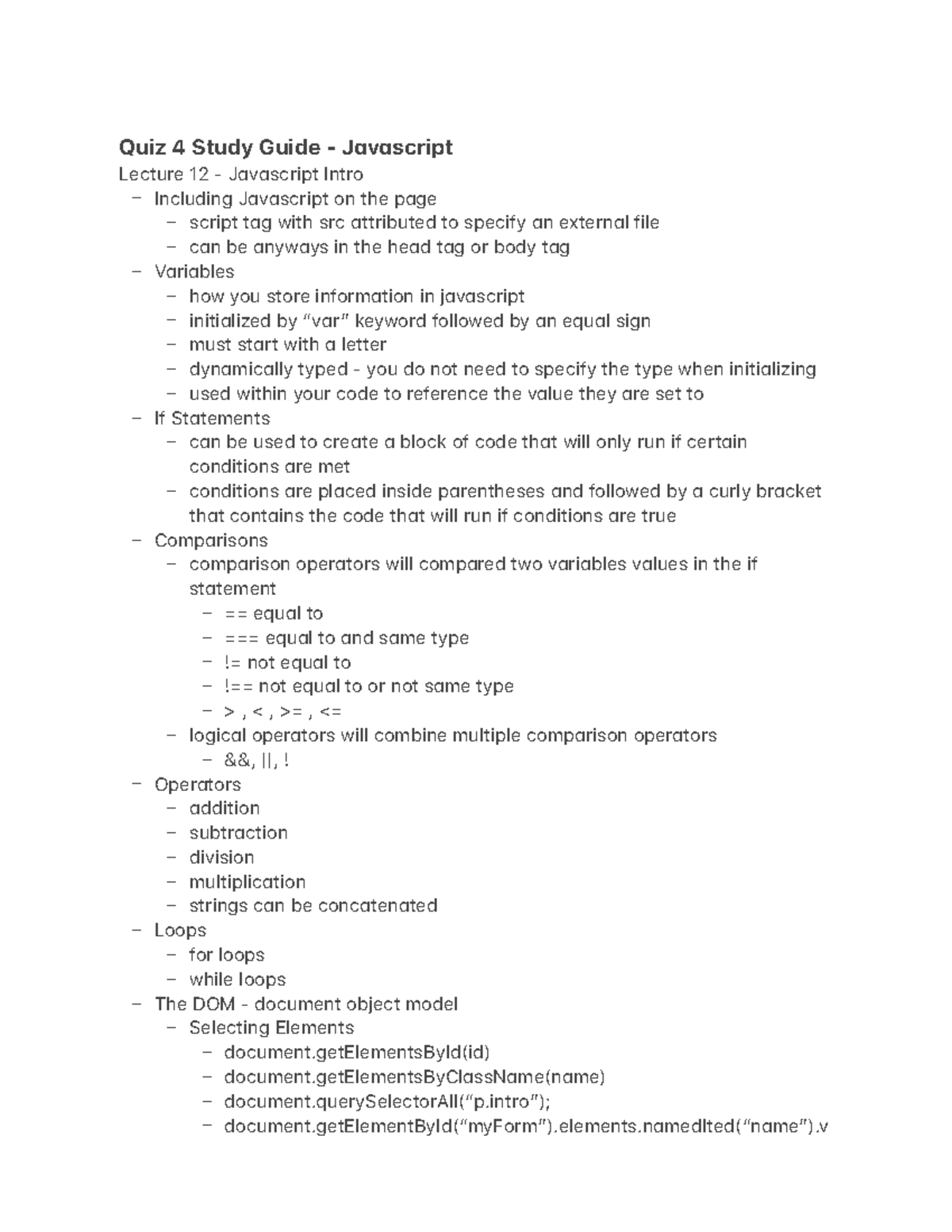 Quiz 4 Study Guide - Javascript