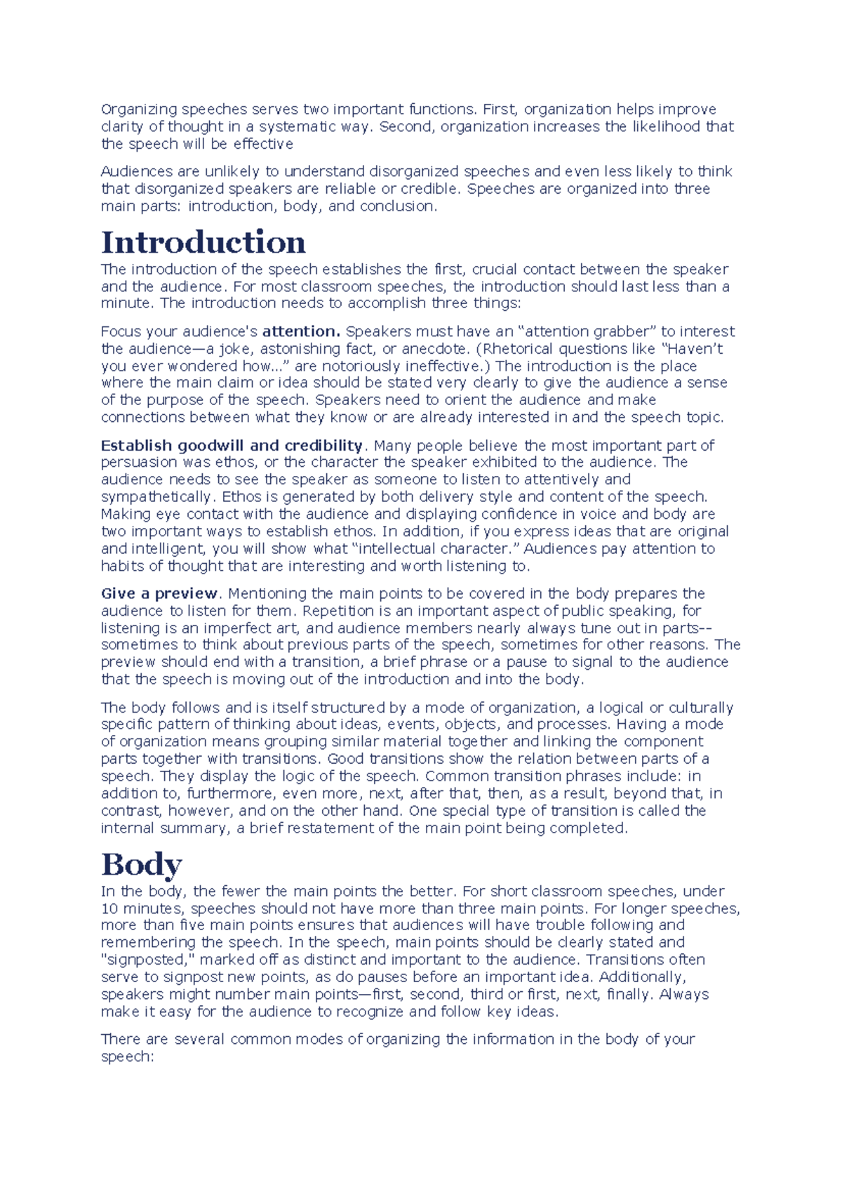 The structure of a speech - Organizing speeches serves two important ...