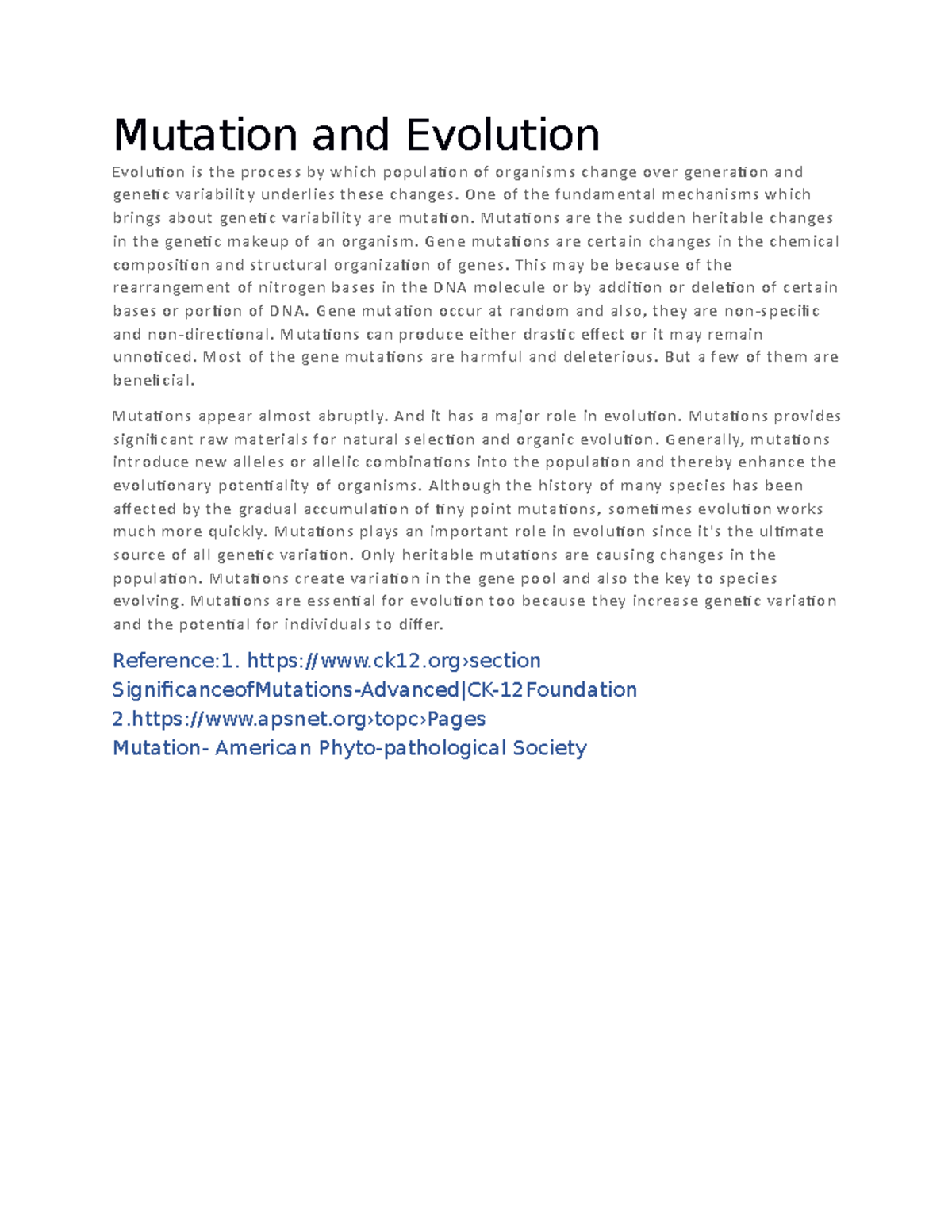 Mutation and evolutionShort Note Mutation and Evolution Evolution is
