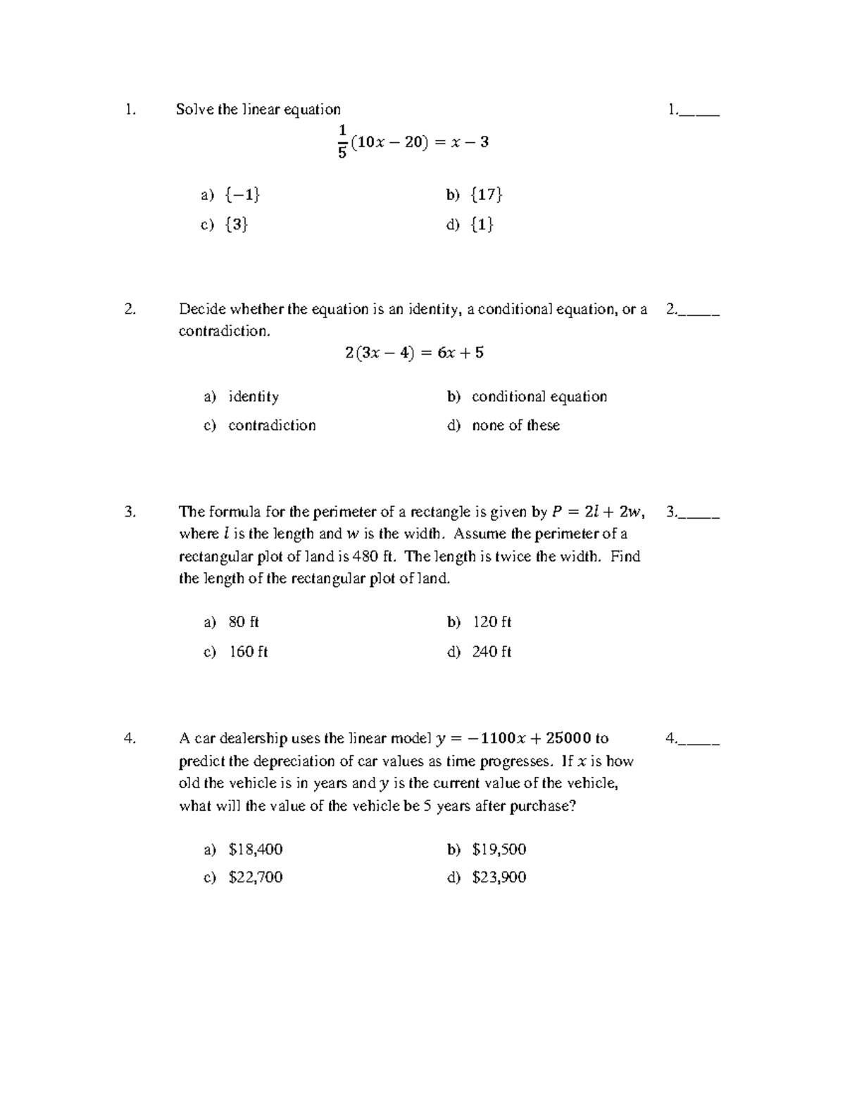 math quiz - Maths quiz - Solve the linear equation 1 5 ሺ10 ݔെ 20ሻ ൌ ݔെ ...