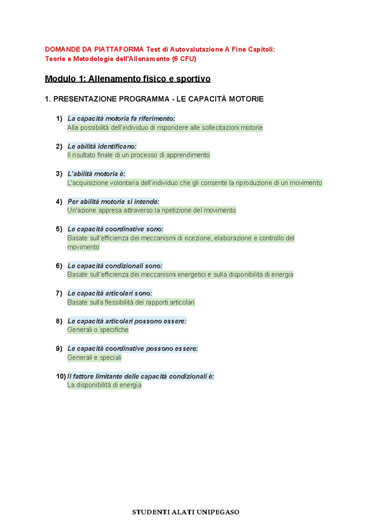 Teorie E Metodologie Dell'Allenamento Domande E Risposte Da Piattaforma ...