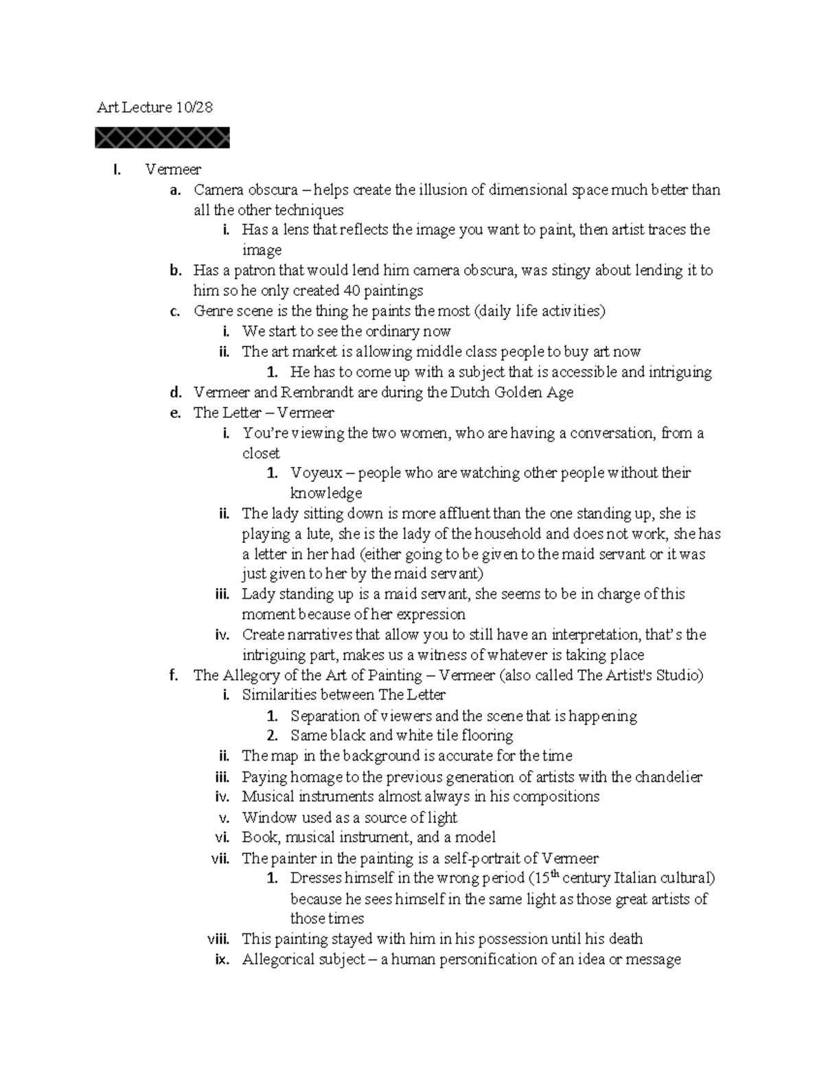 Art Lecture 10/28 - Art Lecture 10/ I. Vermeer a. Camera obscura 3 ...