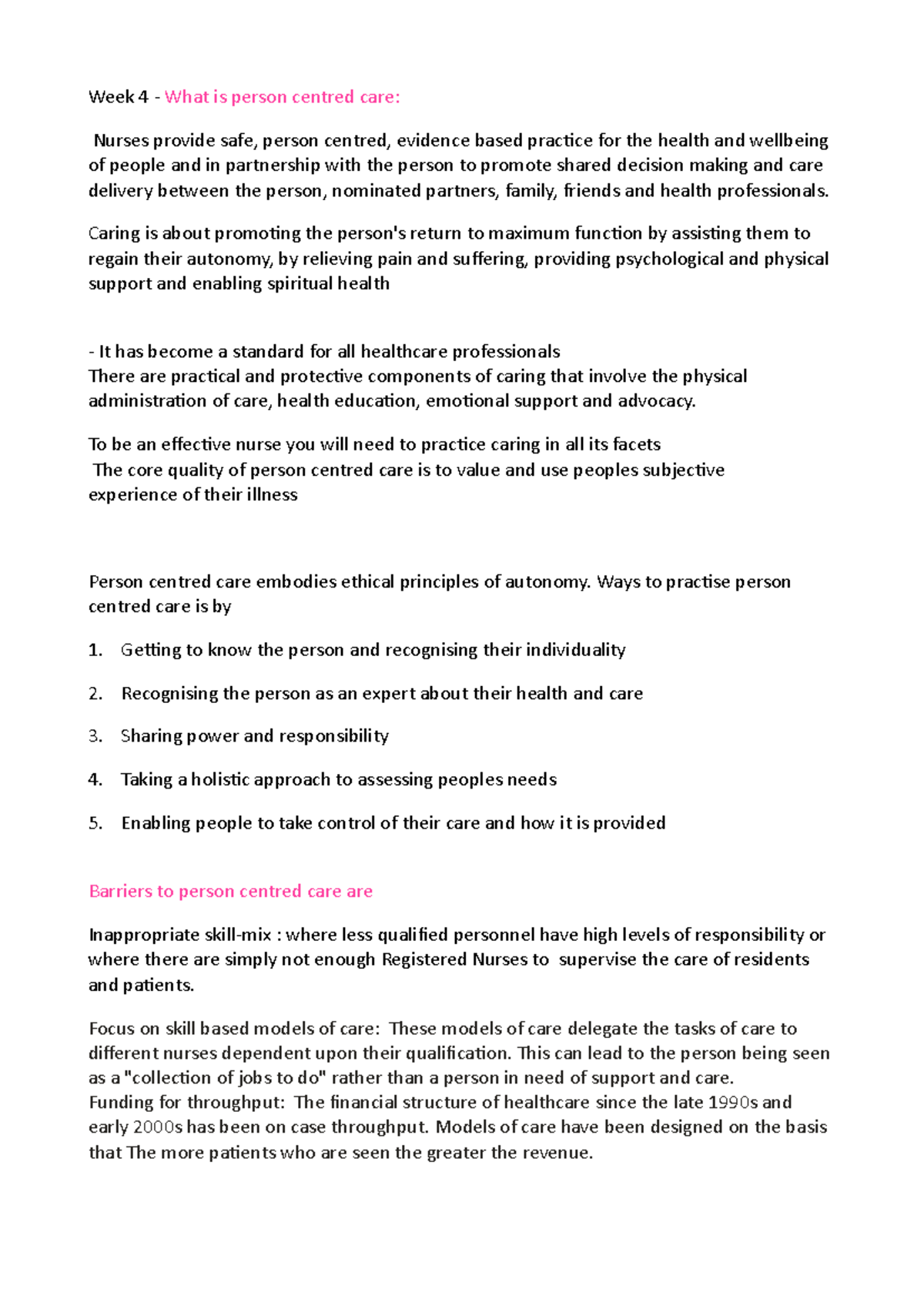 Week 4 lecture notes and week 3 notes - Week 4 - What is person centred ...