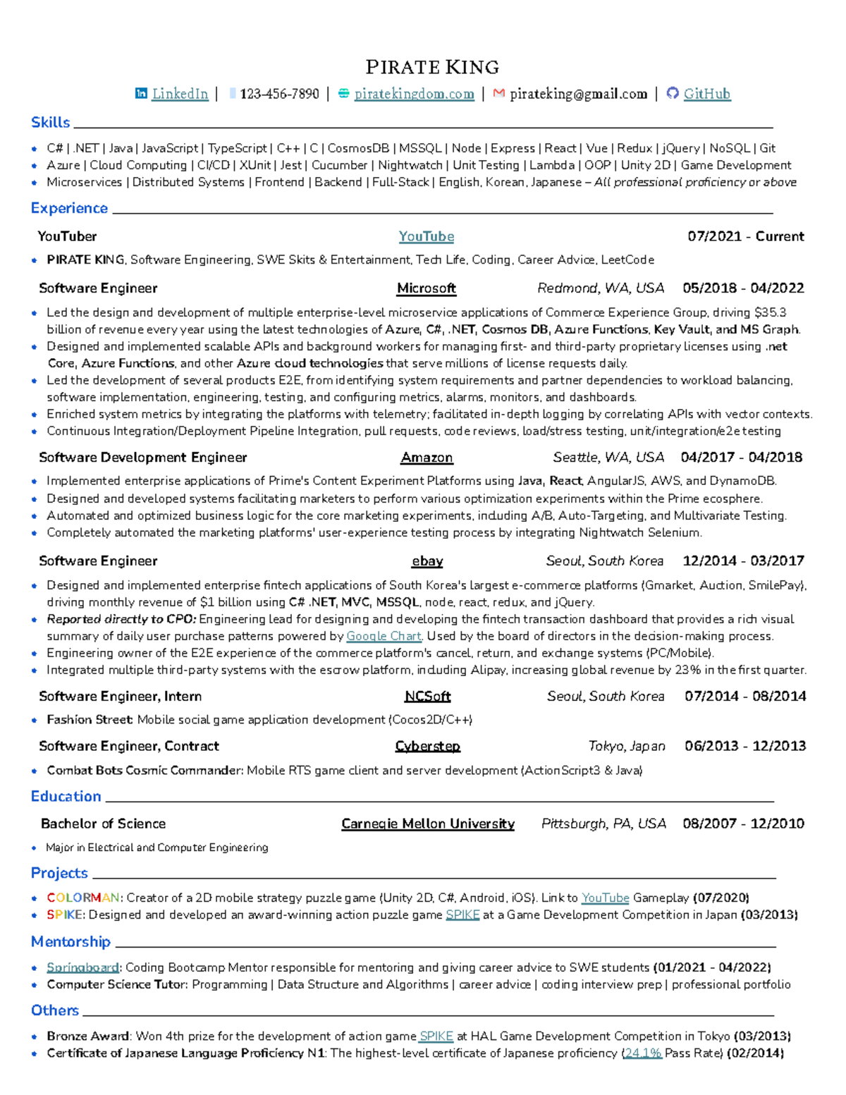 Pirate KING Resume - White - PIRATE KING LinkedIn | 123-456-7890 ...