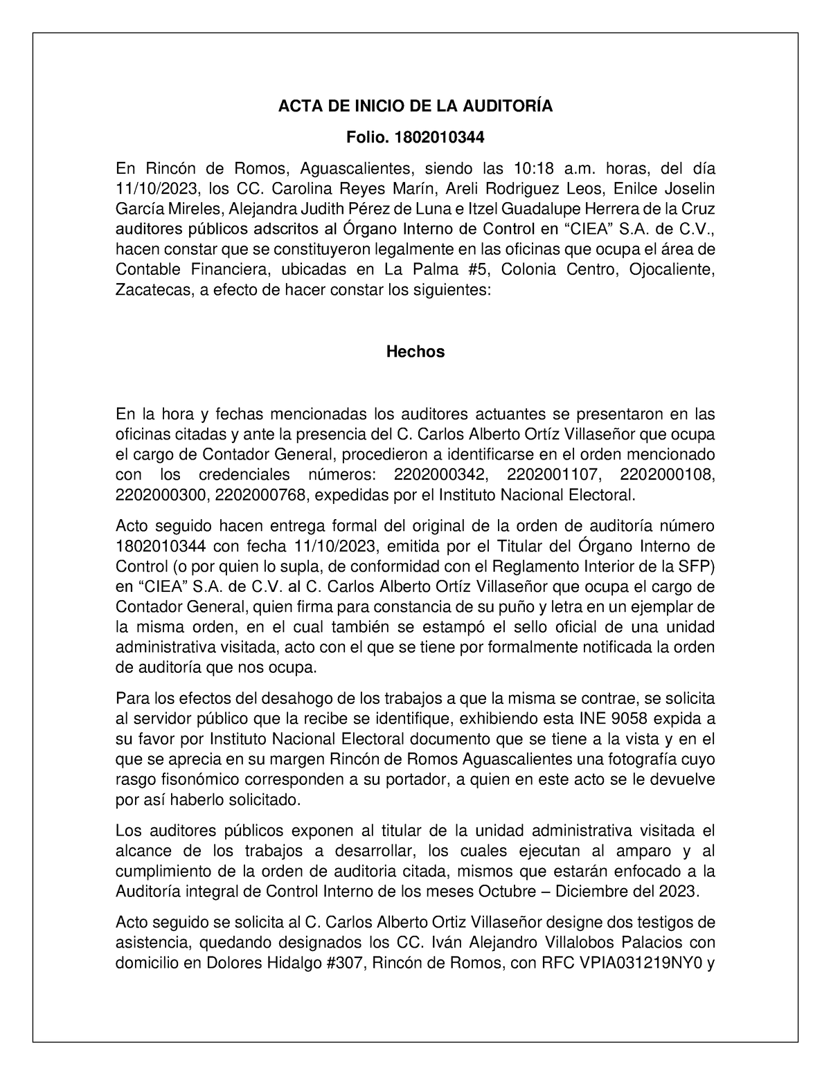 Acta De Inicio De La Auditoría Acta De Inicio De La AuditorÍa Folio