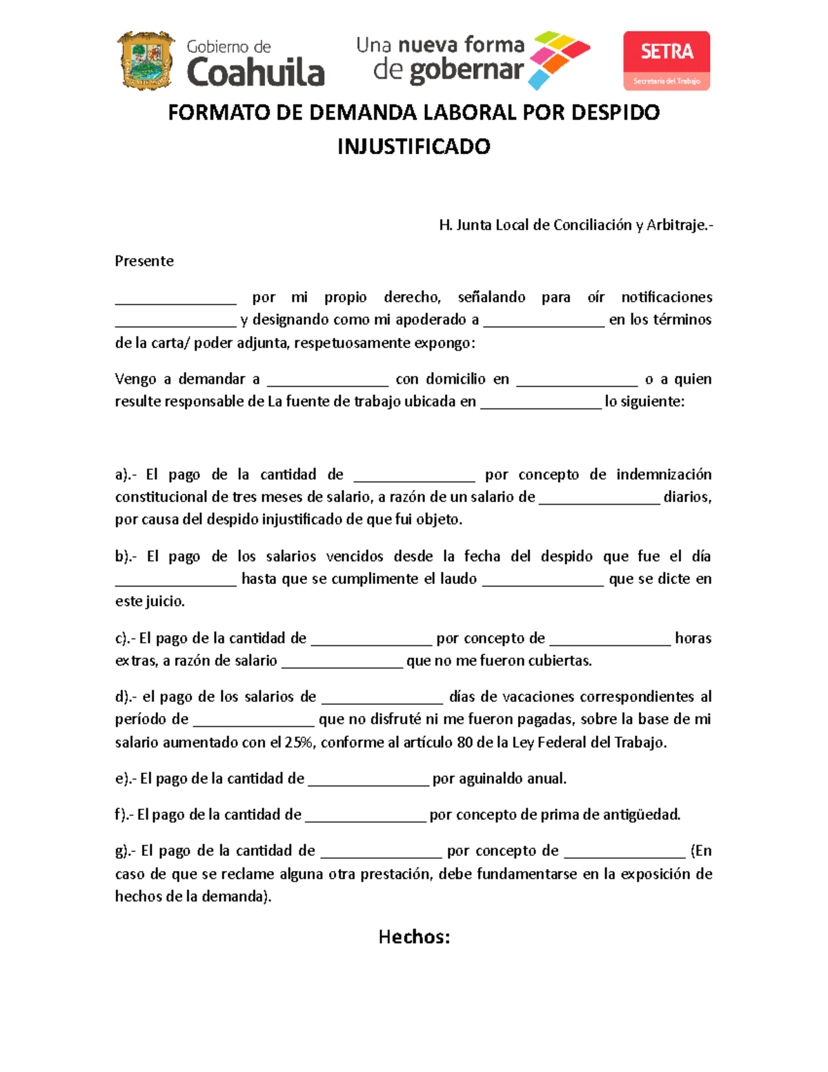 Formatos DE Procedimientos - FORMATO DE DEMANDA LABORAL POR DESPIDO ...