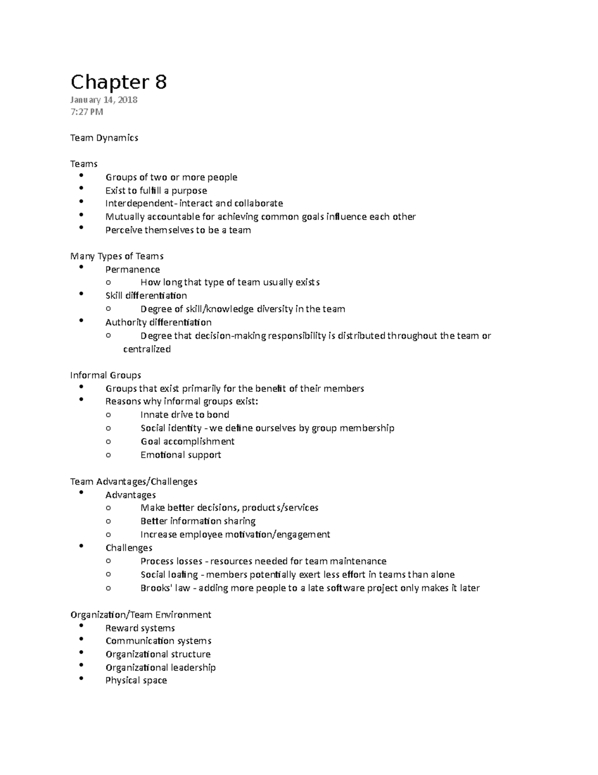 Chapter 8 - Lecture notes 2-3 - Chapter 8 January 14, 2018 7:27 PM Team ...