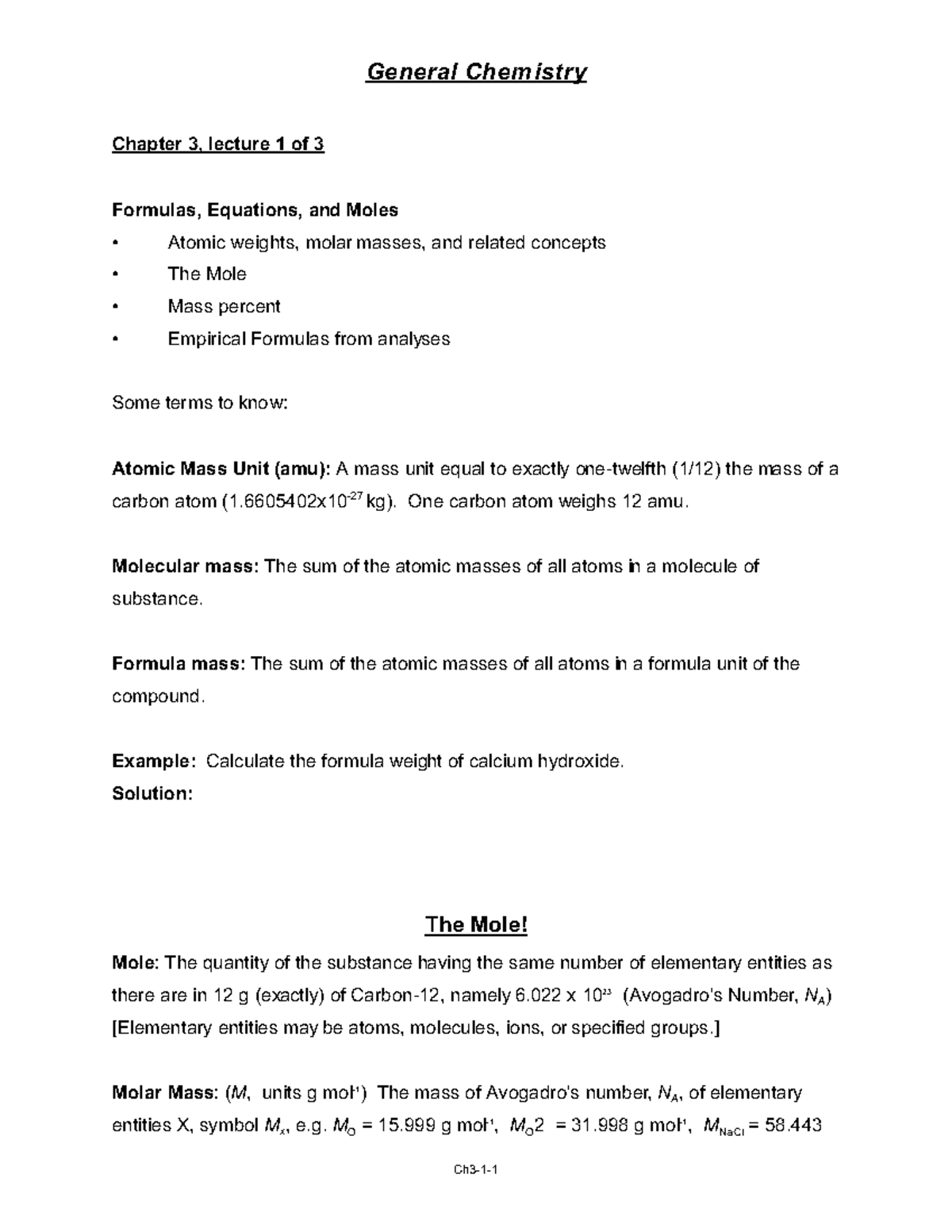 Chapter 3 Lecture 1 - notes for CHY103 - General Chem istry Chapter 3 ...