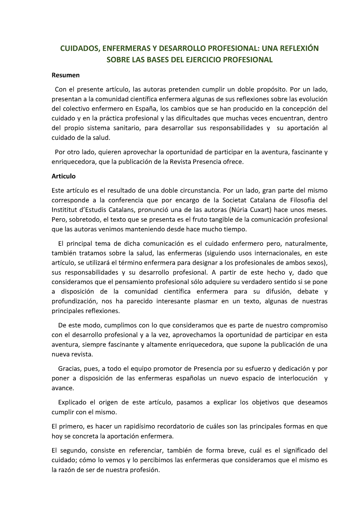 Cuidados Enfermeras Y Desarrollo Profesional Una Reflexion Sobre Las Bases Del Ejercicio Profesional Studocu