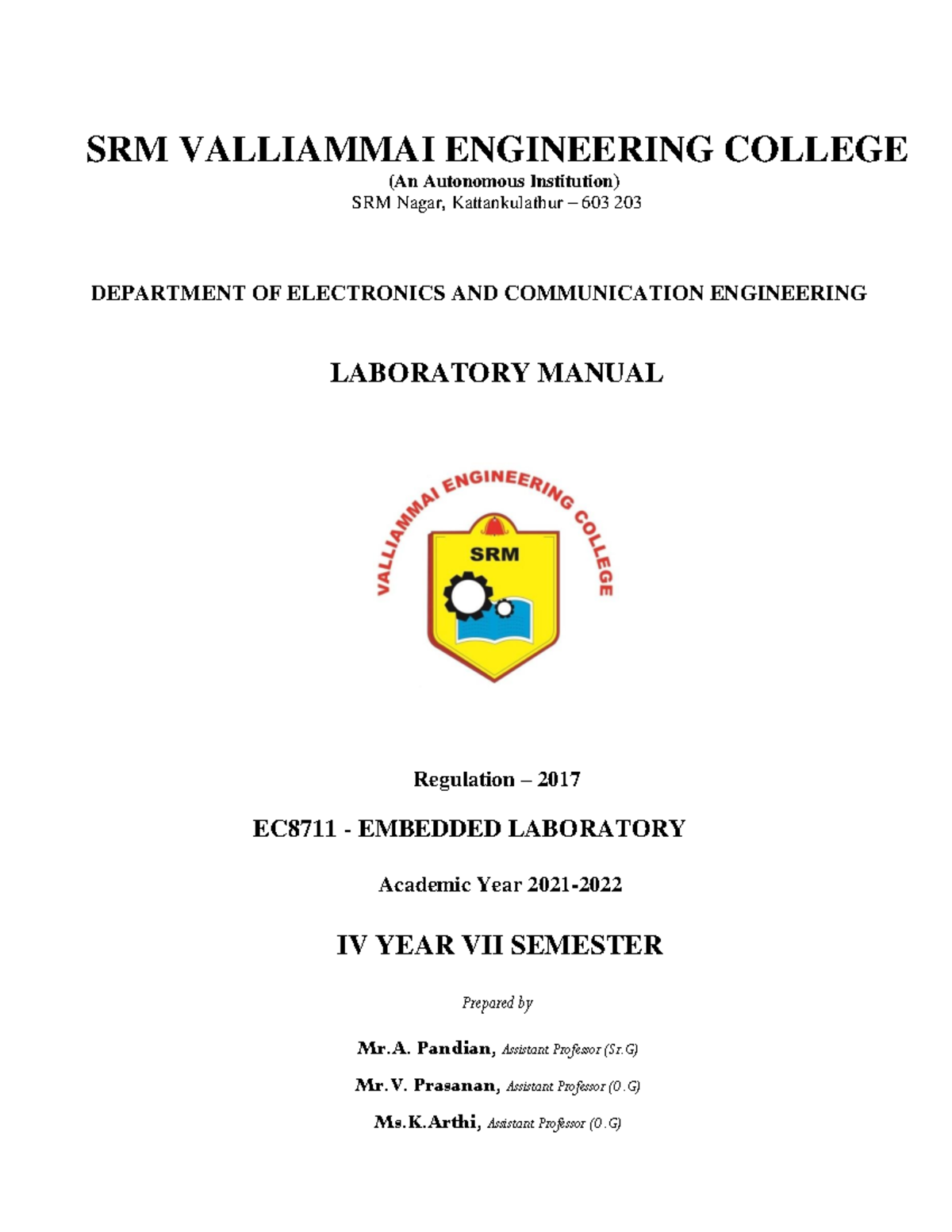 Ec8711 embedded lab manual - SRM VALLIAMMAI ENGINEERING COLLEGE (An ...