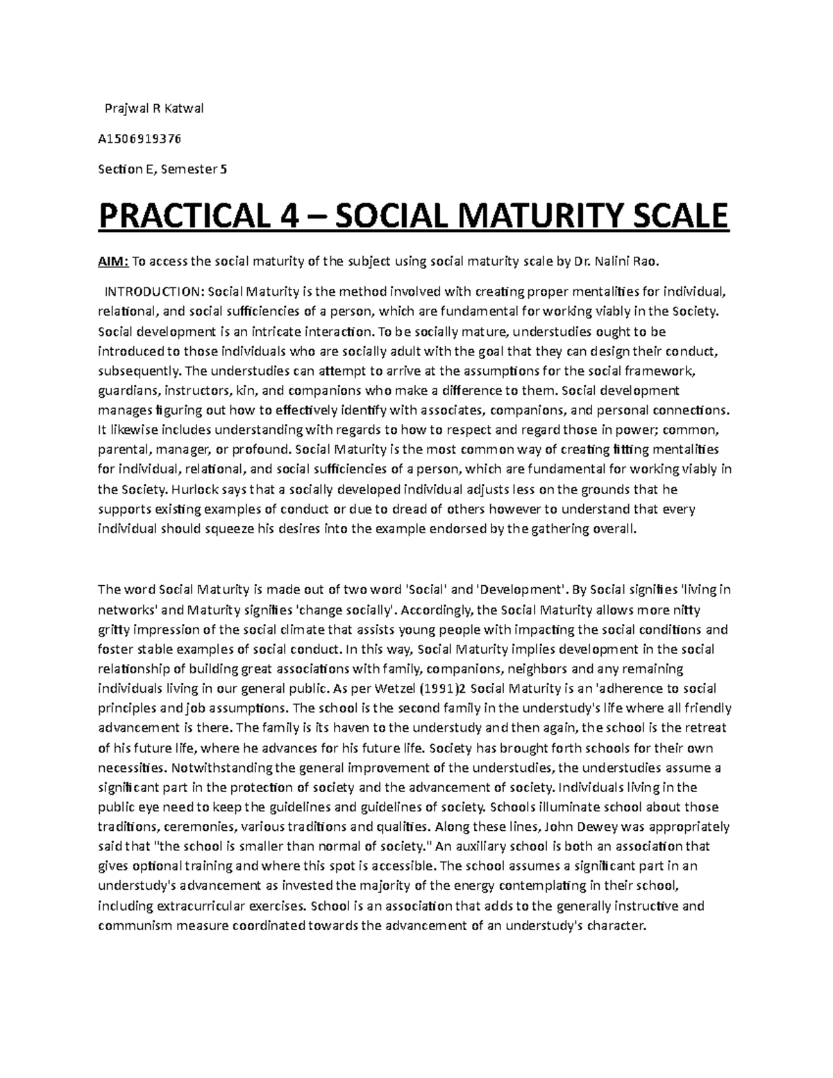 Social Maturity Scale - Good Luck - Prajwal R Katwal A Section E ...