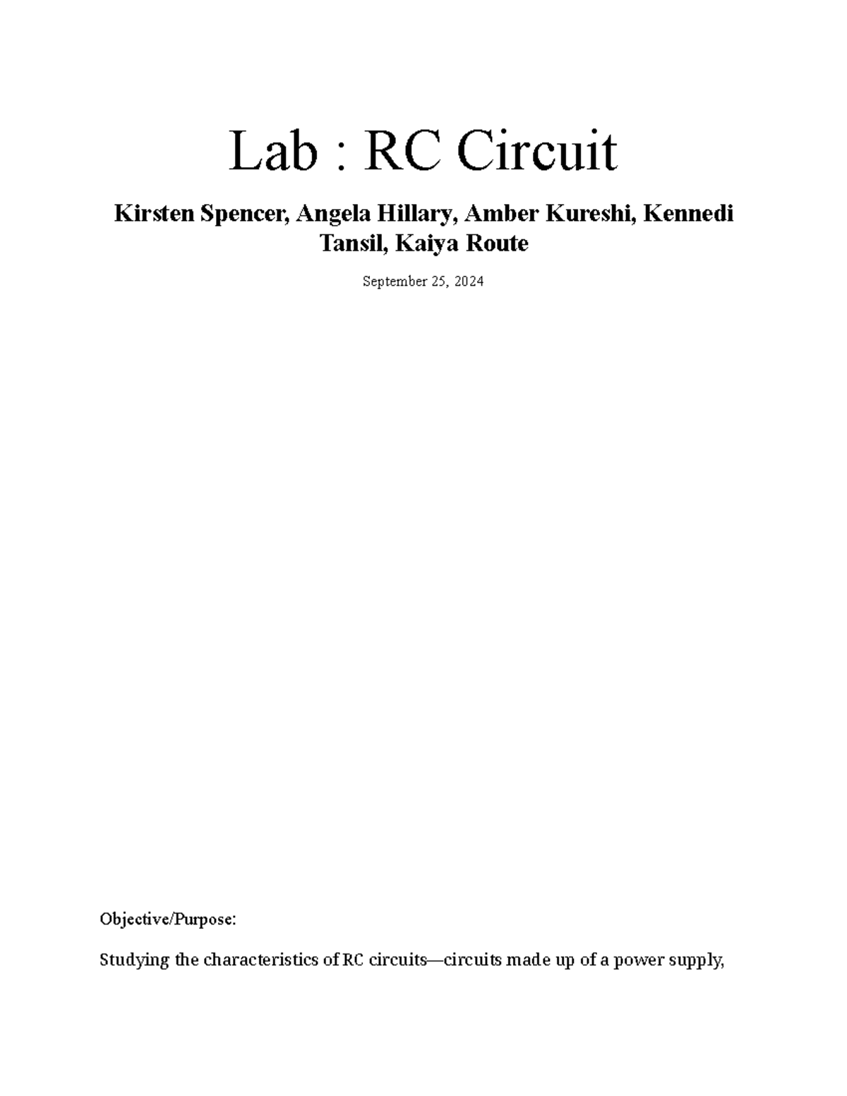 Lab six - in the title - Lab : RC Circuit Kirsten Spencer, Angela ...